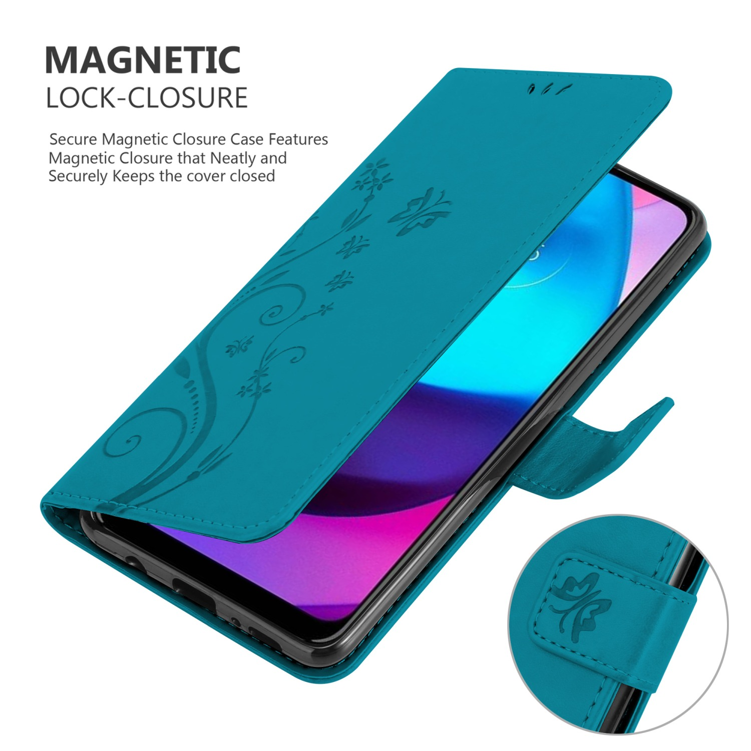 Custodia per telefono verde acqua aperta con telefono dentro. La custodia ha un design a farfalla. Il telefono ha uno schermo nero.