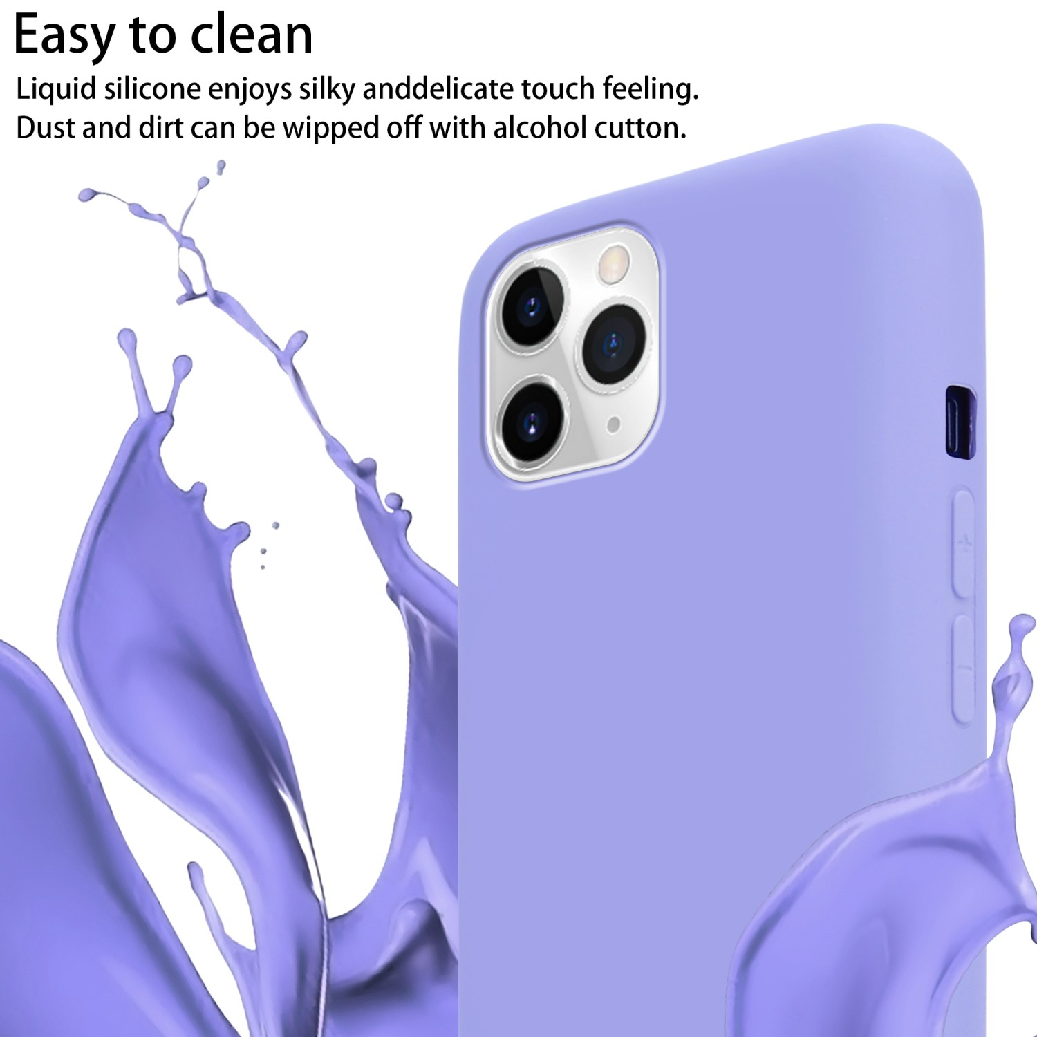 Eine lila Handyhülle mit Flüssigkeitsspritzer-Effekt und sichtbarer Handykamera.