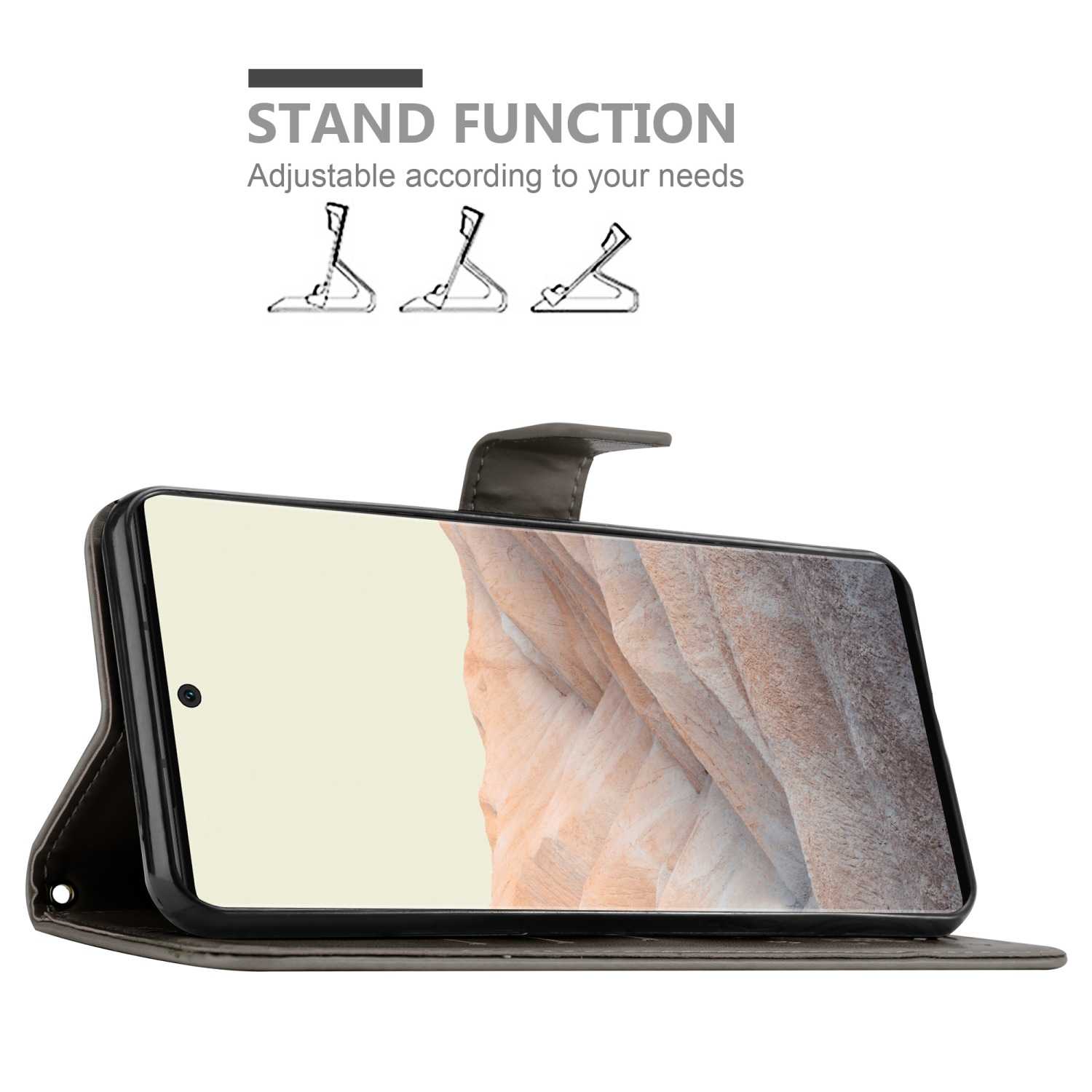 Telefono in una custodia marrone, aperto. Testo: Funzione stand. Regolabile in base alle tue esigenze.
