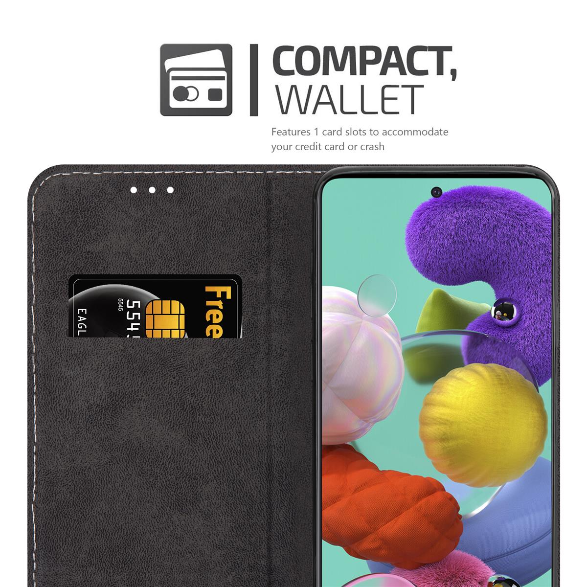 Una custodia per telefono nera con uno slot per carte, una carta e il testo 'Compact, Wallet'.