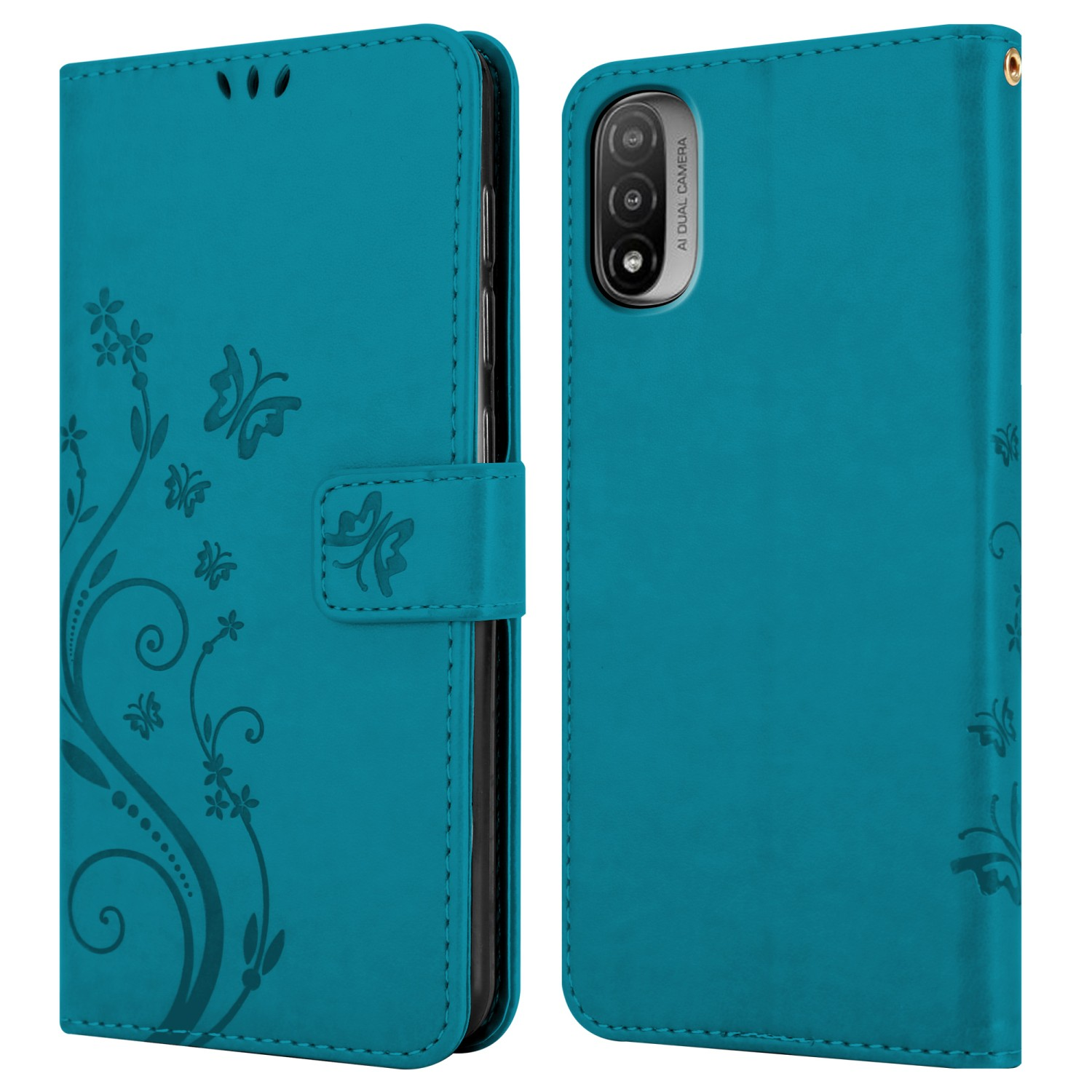 Custodia teal, design farfalla, con patta e chiusura magnetica, due parti visibili.