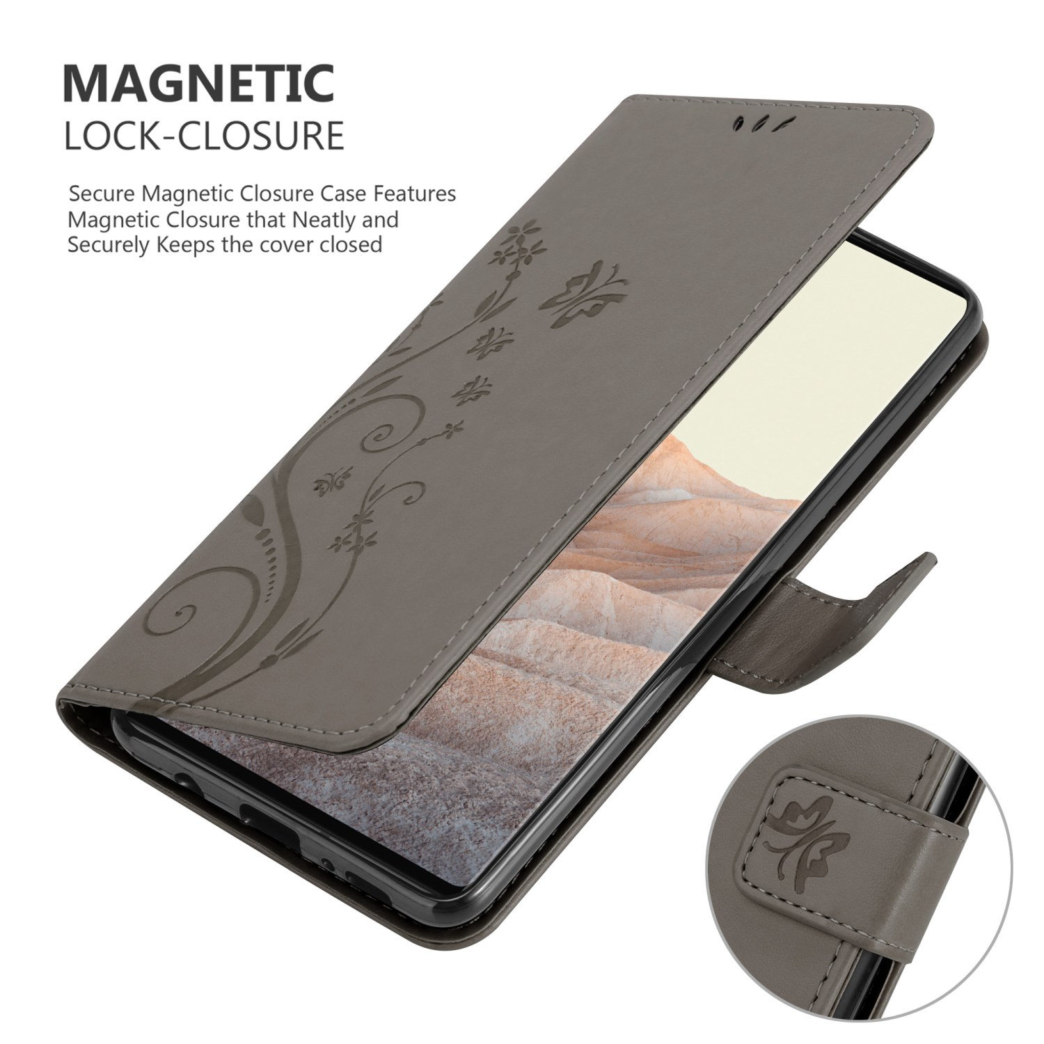 Custodia per telefono grigia aperta con telefono all'interno. Testo 'Magnetic Lock-closure'. Design floreale sulla custodia.