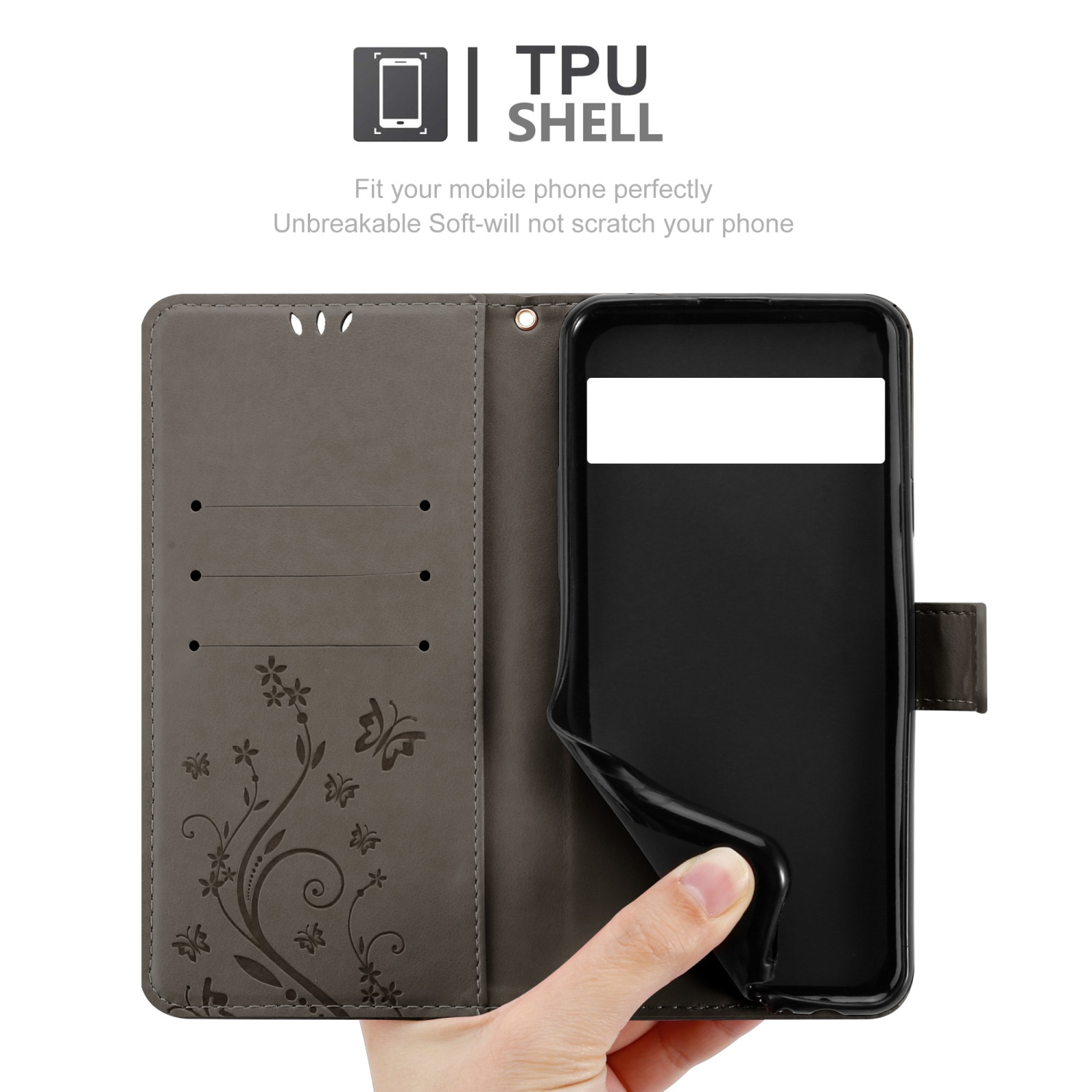 Custodia grigia per telefono con design floreale e una mano che tiene un telefono.