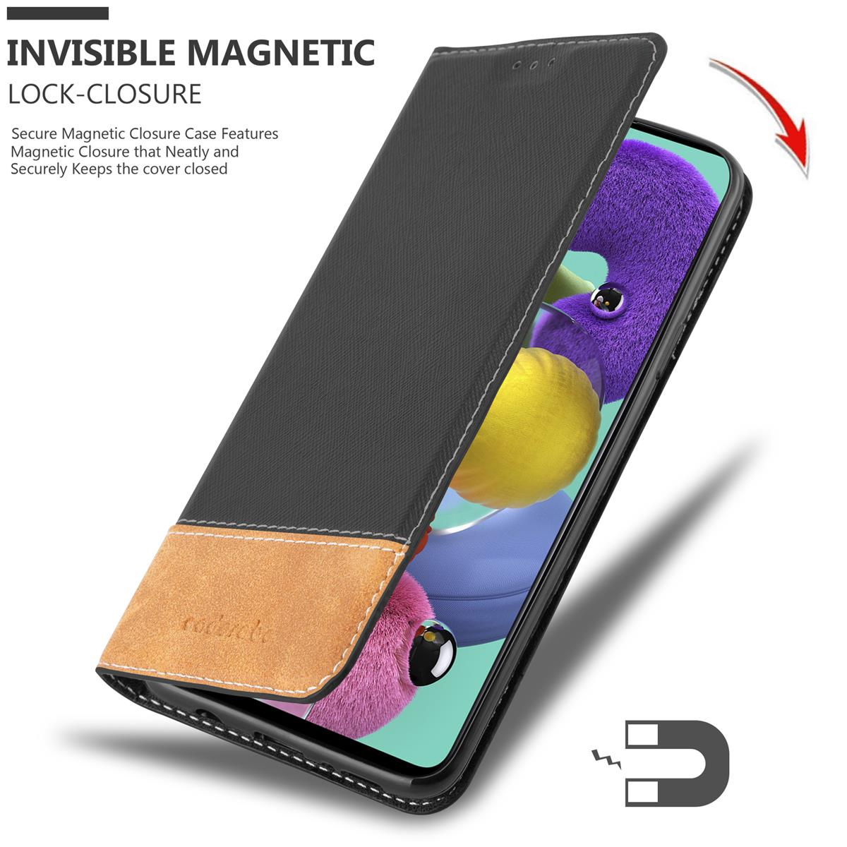 Custodia del telefono nera e marrone chiaro aperta, telefono visibile. Chiusura magnetica. Sfondo grigio.