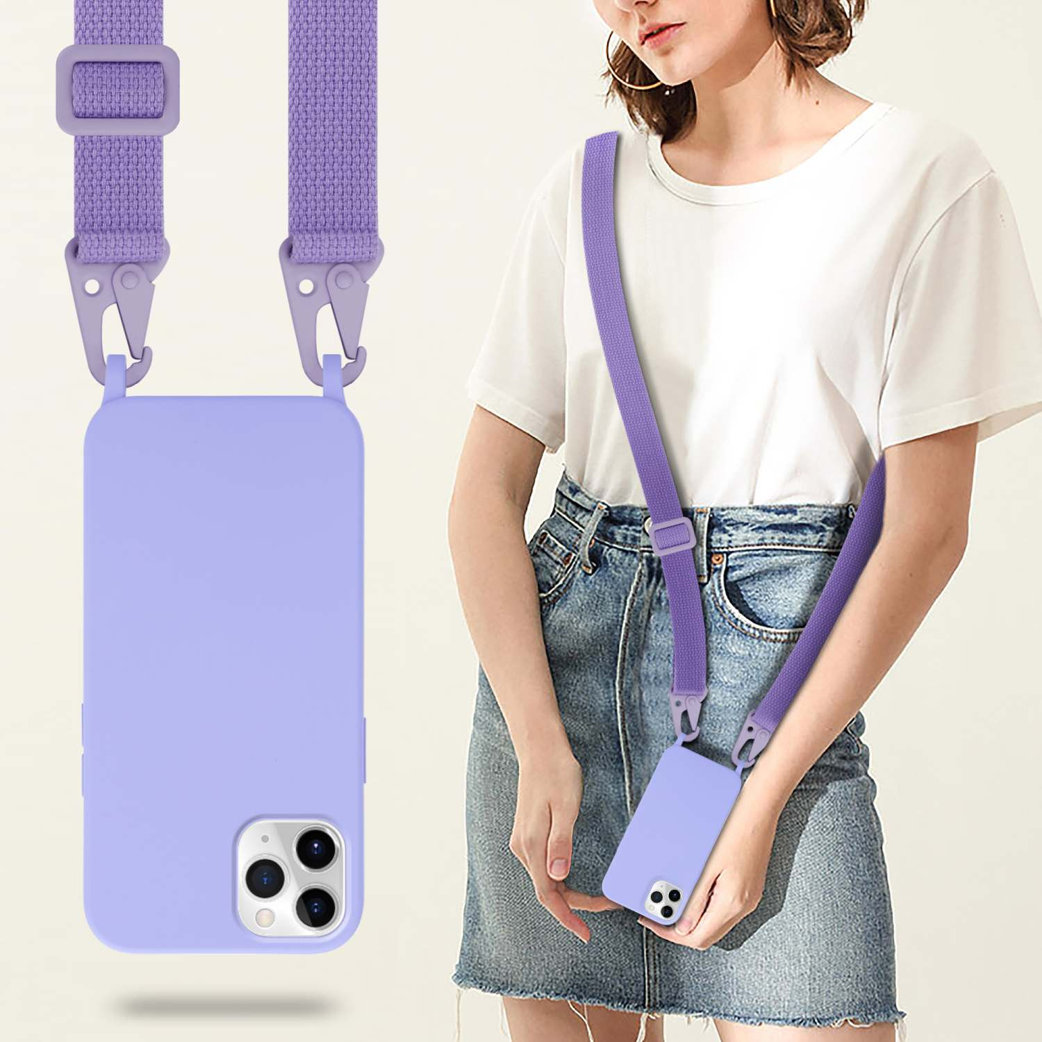 Frau, die eine lila Handyhülle mit Riemen trägt, zeigt das Design der Hülle und des Riemens.
