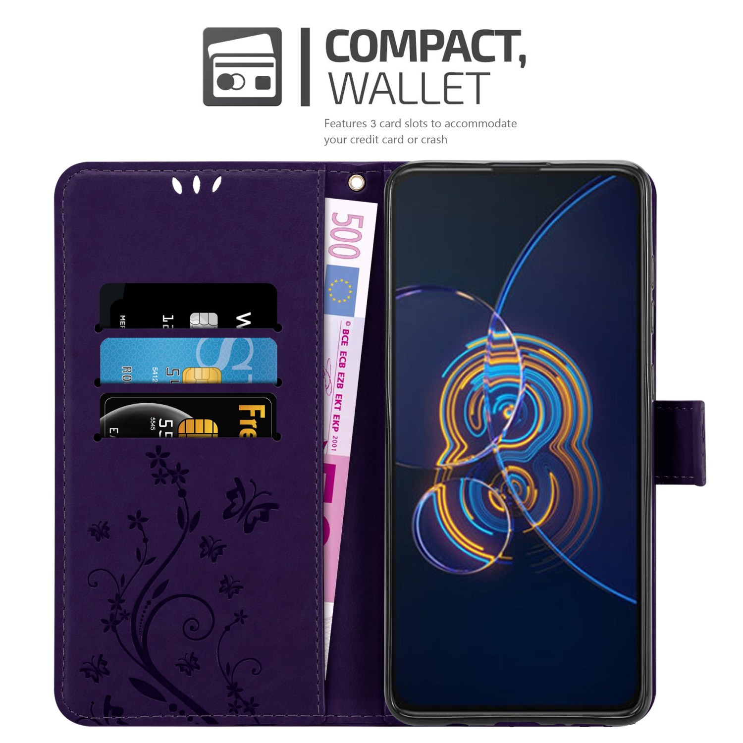 Custodia a portafoglio viola con telefono, carte e contanti. Lo schermo nero del telefono mostra grafica.