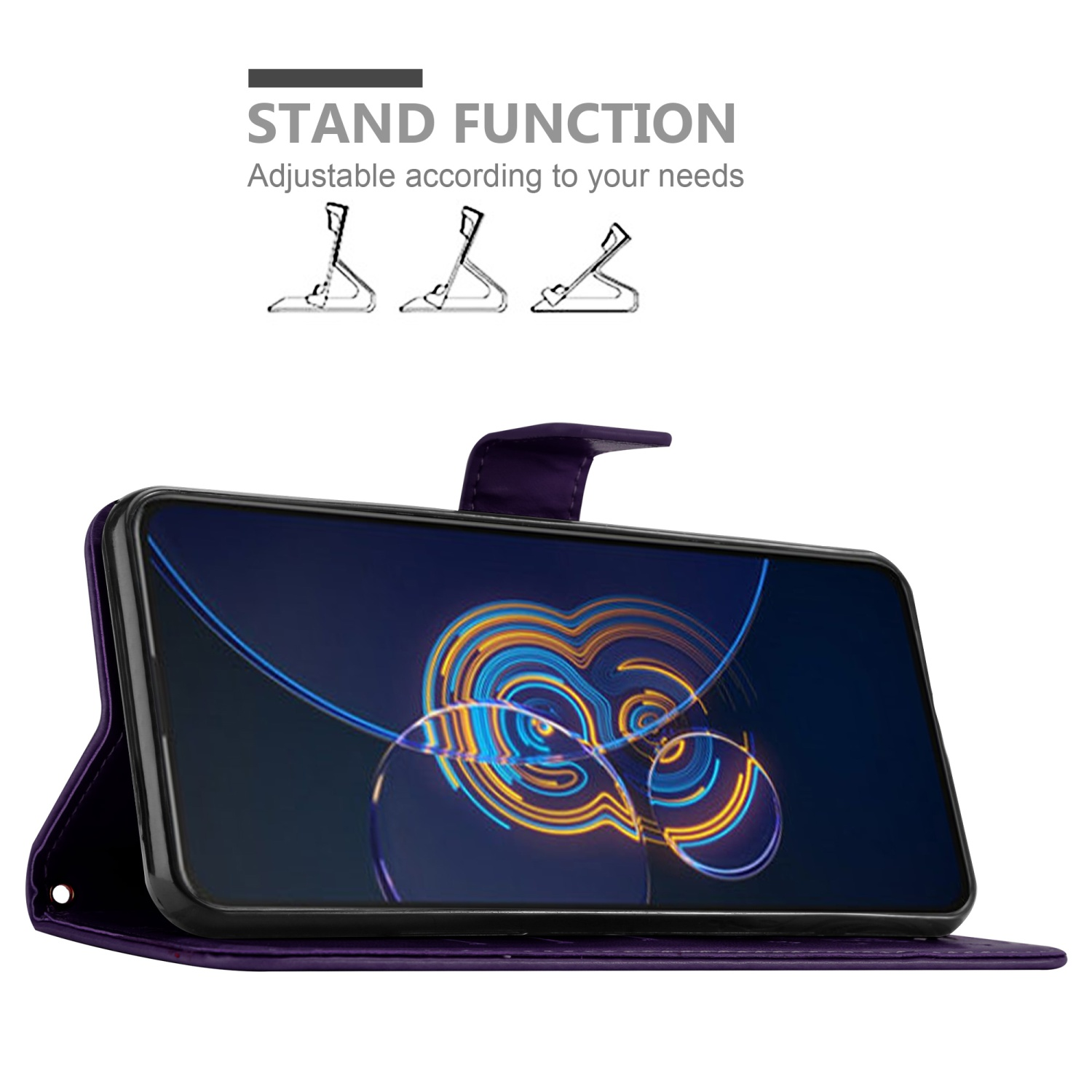 Telefono in una custodia viola, sollevato per la visualizzazione. Viene mostrata la funzione di supporto.