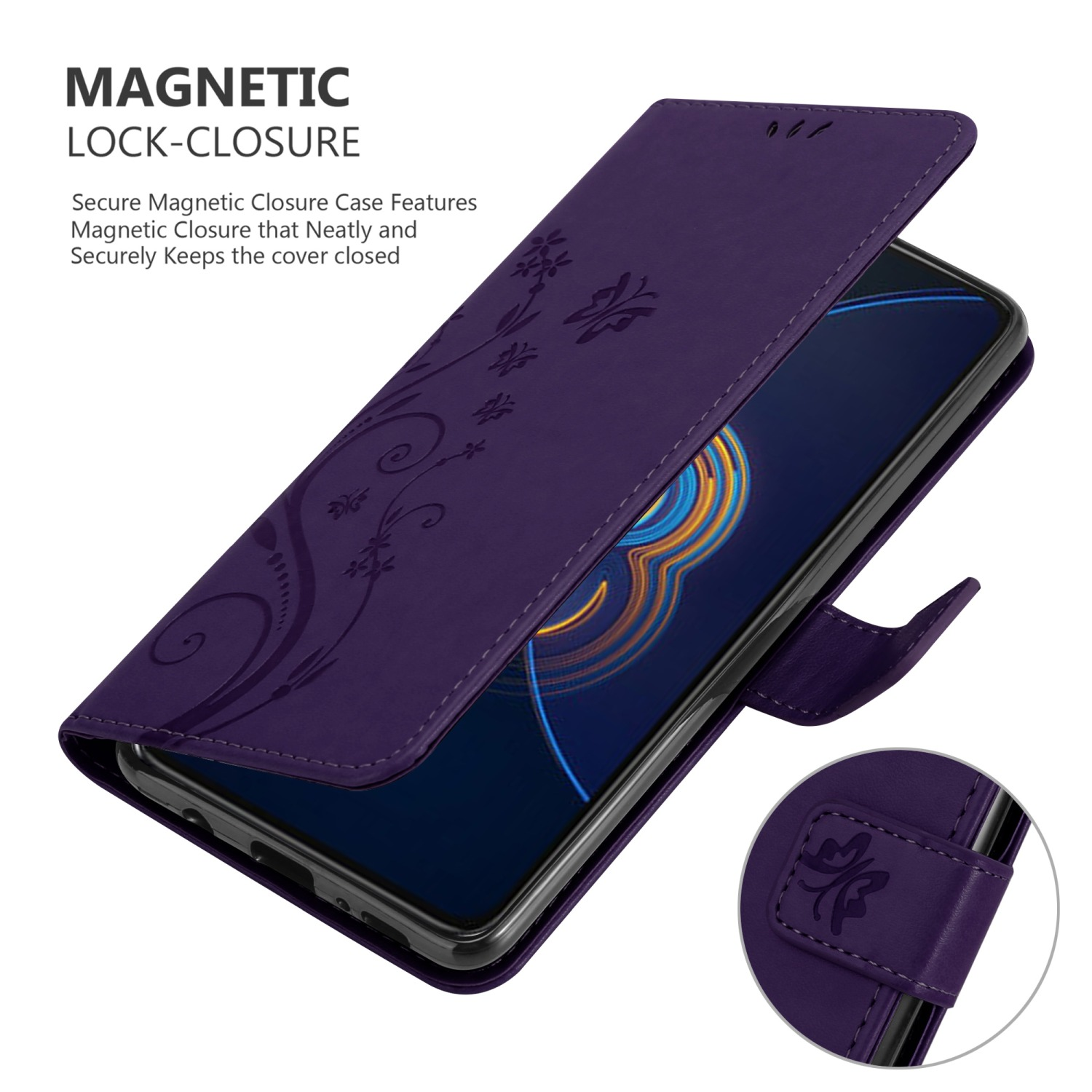 Custodia del telefono viola aperta, che rivela un telefono. Design floreale sulla cover. Chiusura magnetica e un piccolo dettaglio.