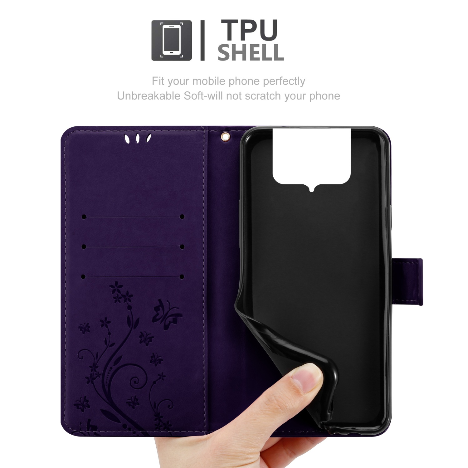 Custodia per telefono viola aperta, con una mano che rivela il telefono. Sono presenti un design floreale e farfalle.