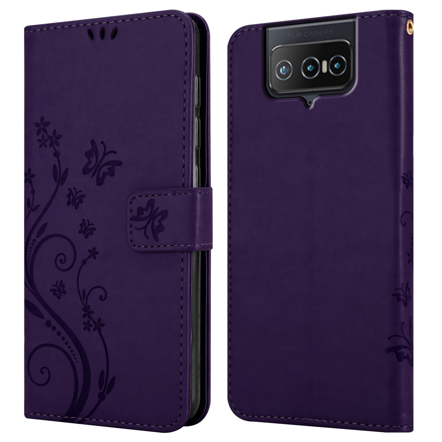 Custodia per telefono viola, aperta e chiusa, design floreale, motivo a farfalla, con intaglio per la fotocamera.