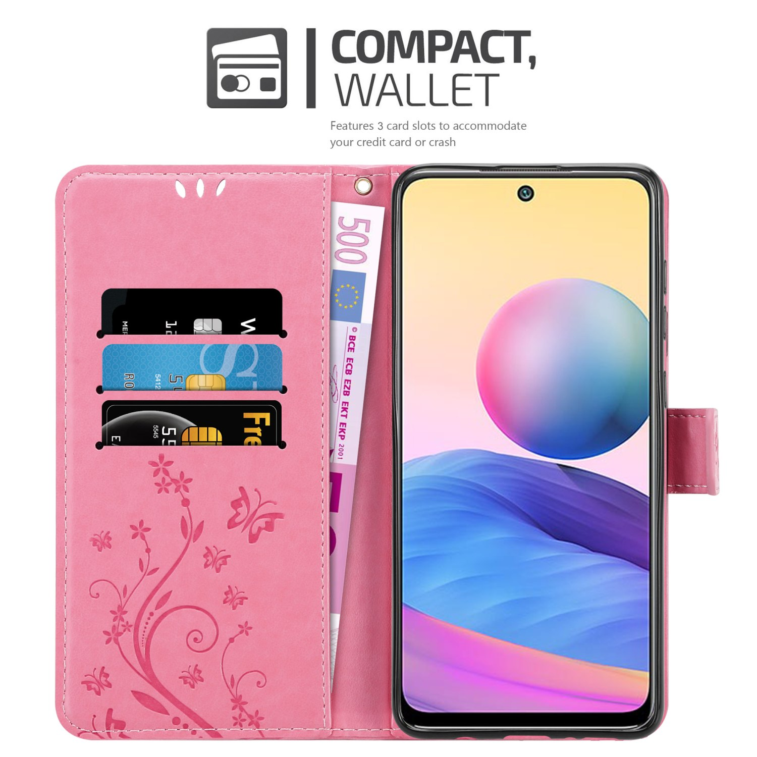 Portafoglio per custodia del telefono rosa aperto, che mostra carte, denaro e schermo del telefono.