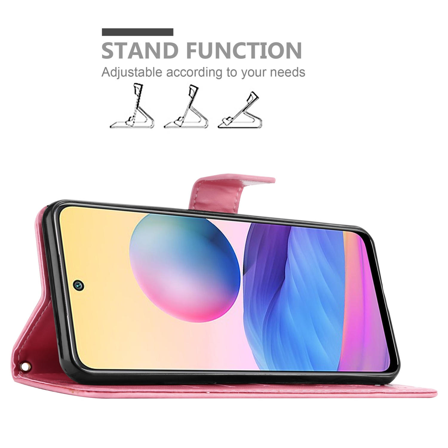 Una custodia per telefono rosa con funzione di supporto è aperta, mostrando un telefono con sfondo rosa. La funzione di supporto è mostrata.