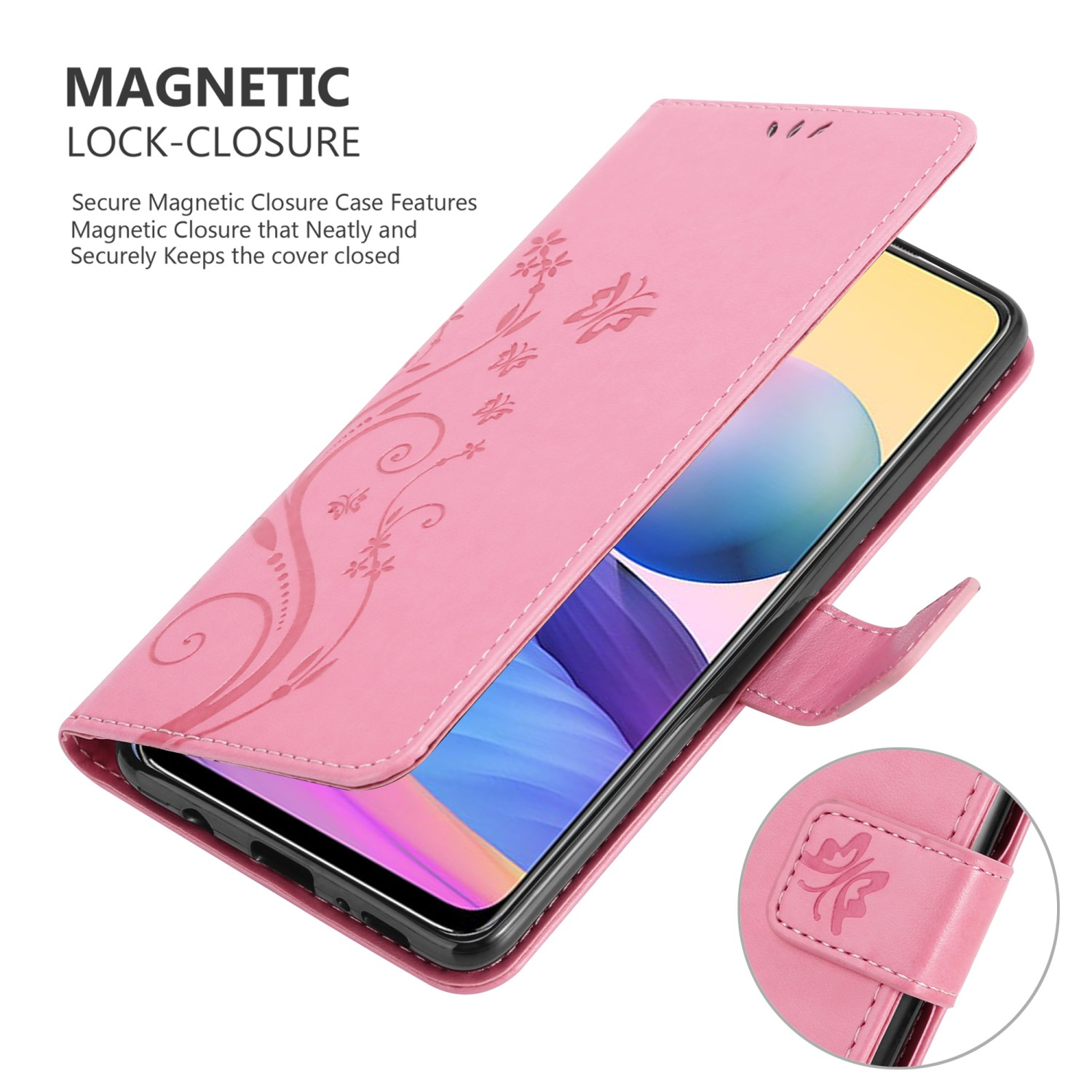 Custodia rosa floreale con chiusura magnetica. Custodia aperta, rivela il telefono.