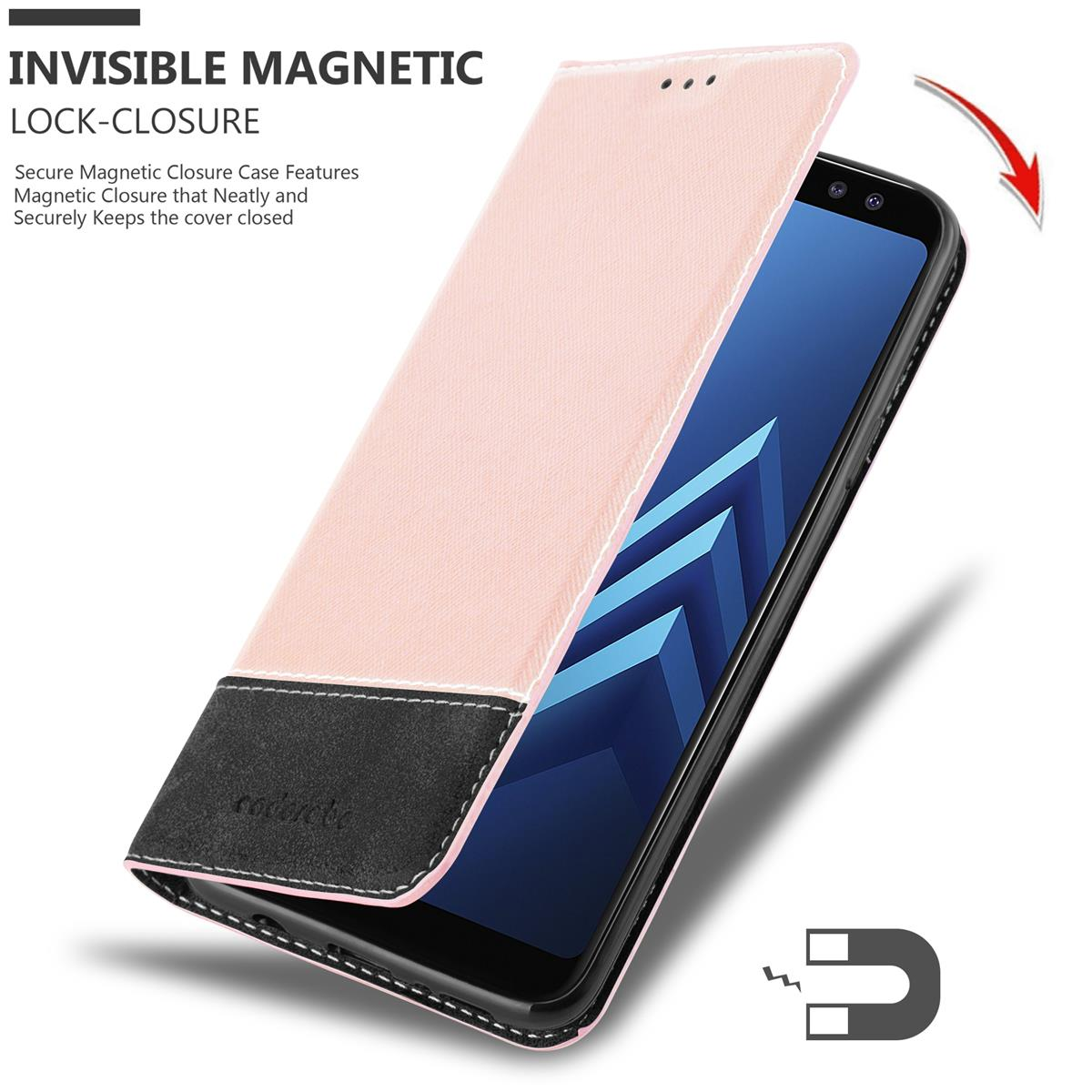 Una custodia rosa per telefono che si apre, con un pannello nero simile alla pelle scamosciata e un telefono all'interno.