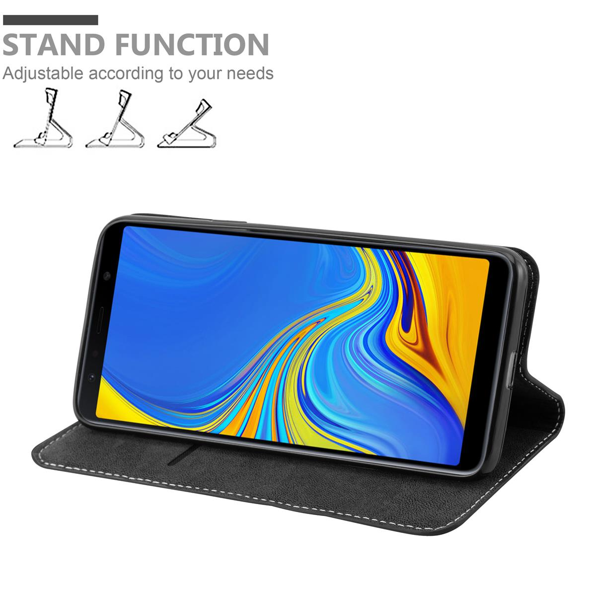 Custodia nera con telefono dentro. Mostra funzione supporto regolabile.