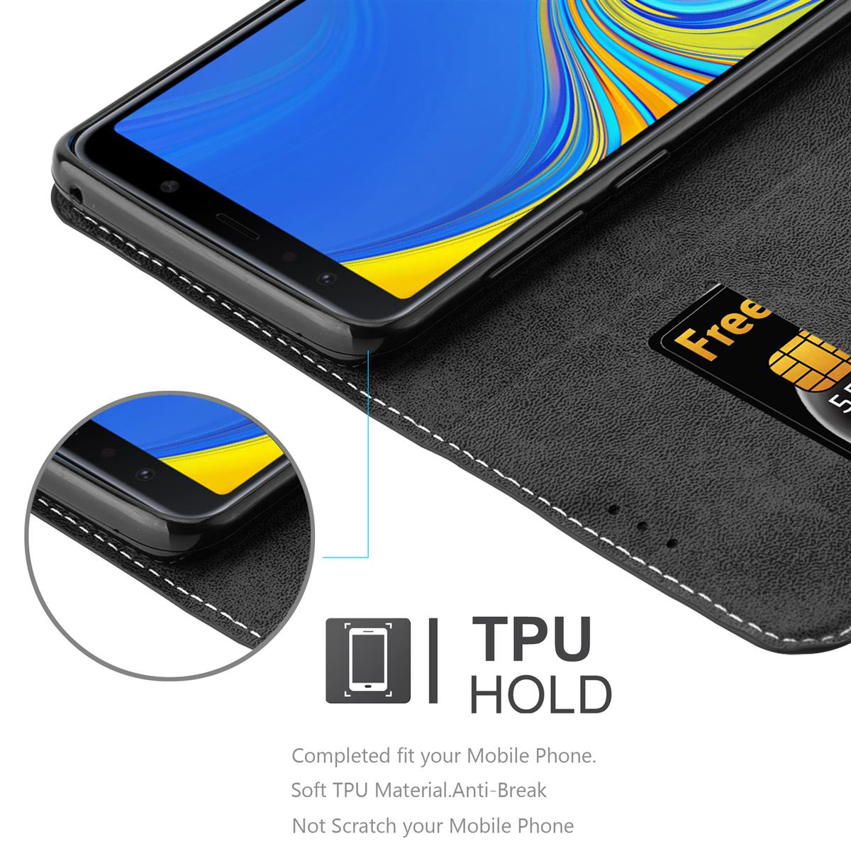 Custodia nera con telefono e carta di credito. Testo: TPU HOLD.