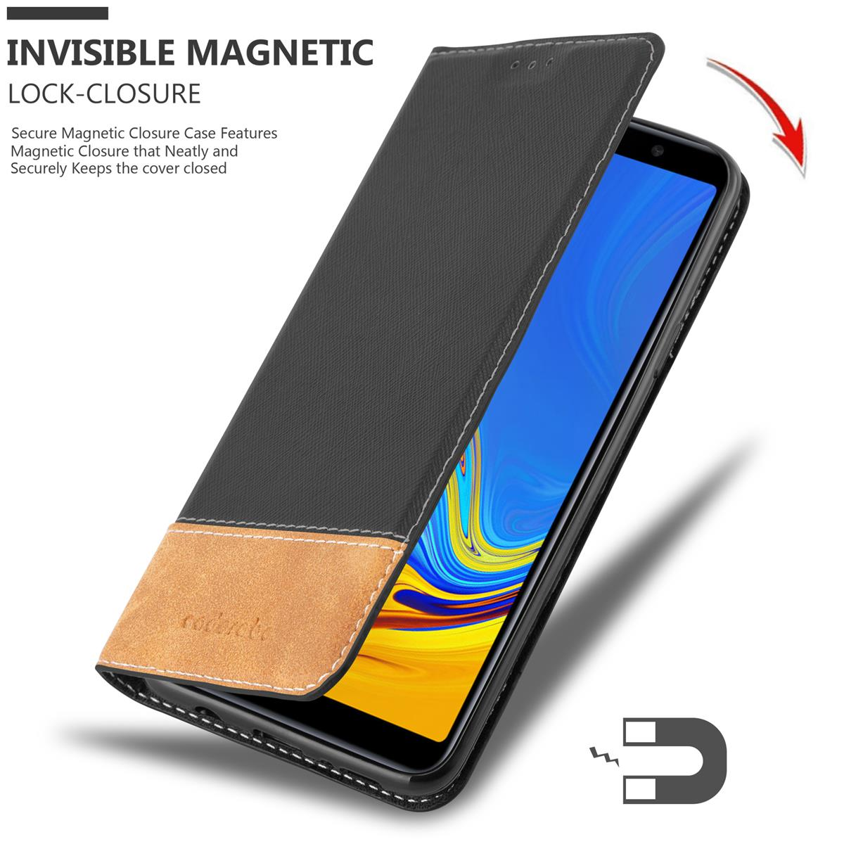 Una custodia per telefono con aletta aperta, che rivela il telefono. Ha un design marrone e nero.