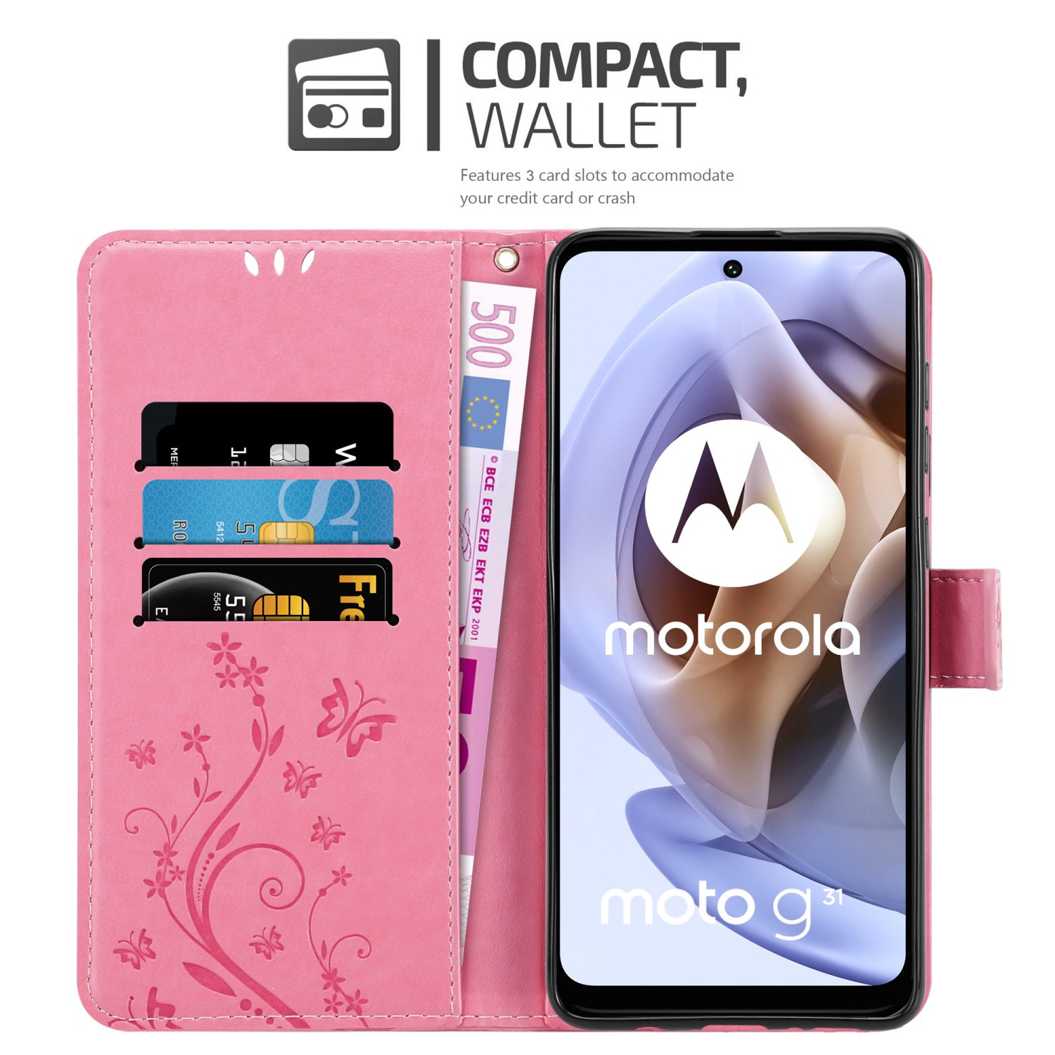 Custodia rosa aperta, con telefono, denaro e carte all'interno.