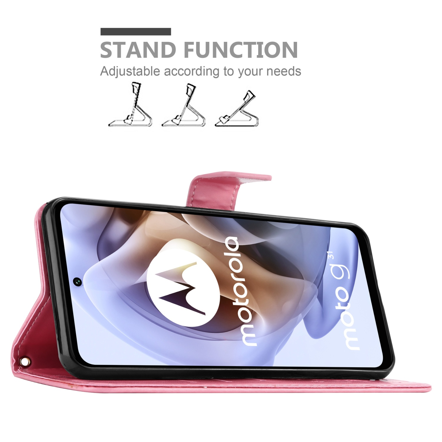 Custodia per telefono rosa con telefono all'interno. Il telefono mostra il logo Motorola e G30.