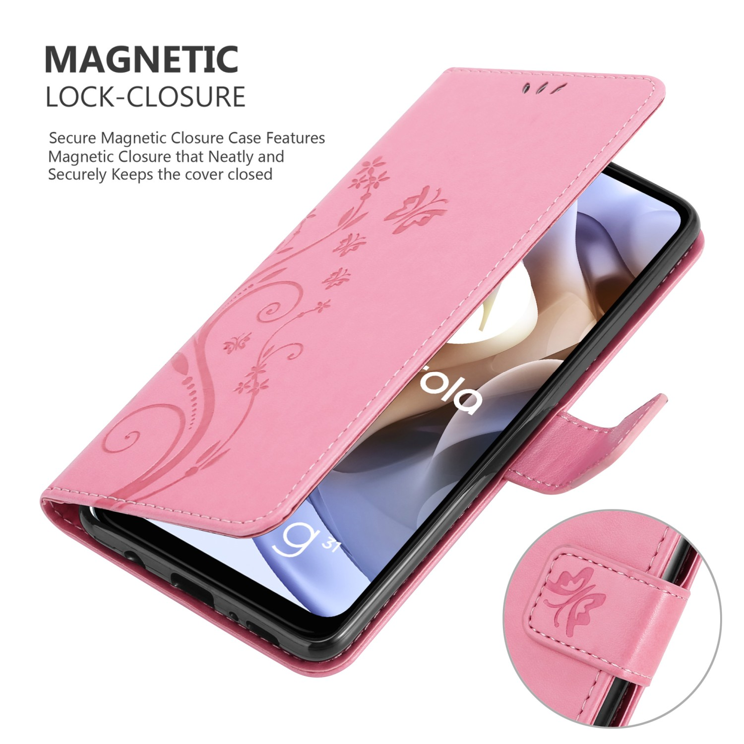 Custodia rosa per telefono con fiori. Testo: Chiusura magnetica. Caratteristiche della custodia con chiusura magnetica. Copertura chiusa.