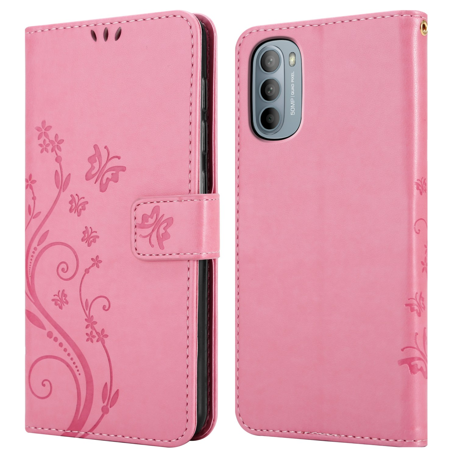 Custodia rosa, chiusa, con design floreale. Mostra la fotocamera del telefono.