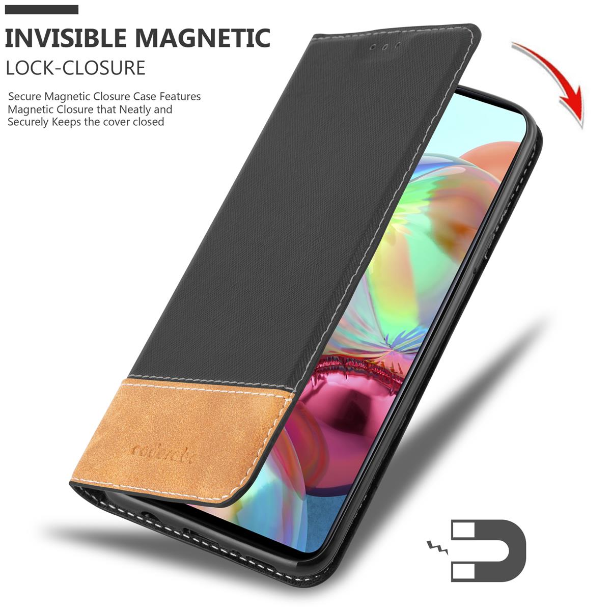Una custodia per telefono nera con un accento marrone, aperta. Mostra uno schermo del telefono e un simbolo magnetico.