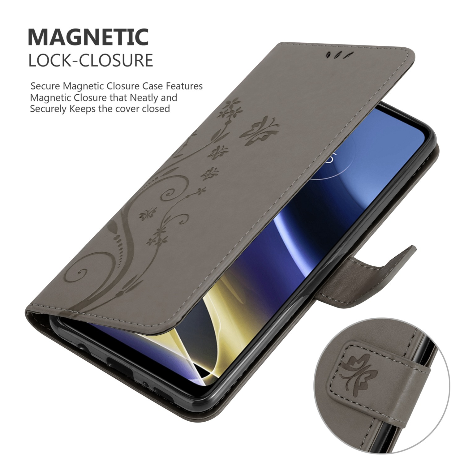 Custodia per telefono, aperta, che mostra motivo floreale e dettagli di chiusura magnetica.