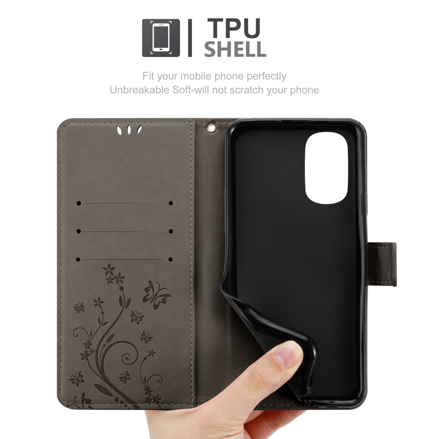 Custodia grigia per telefono con design floreale e guscio in TPU.