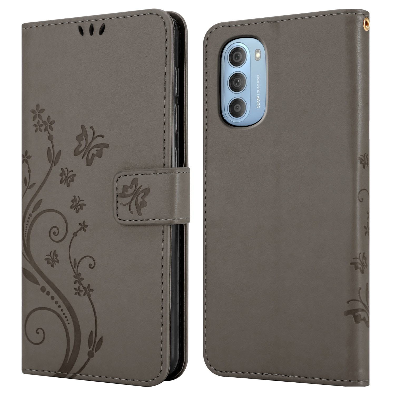 Custodia per telefono grigia con design floreale. La custodia è chiusa. La fotocamera del telefono è visibile.