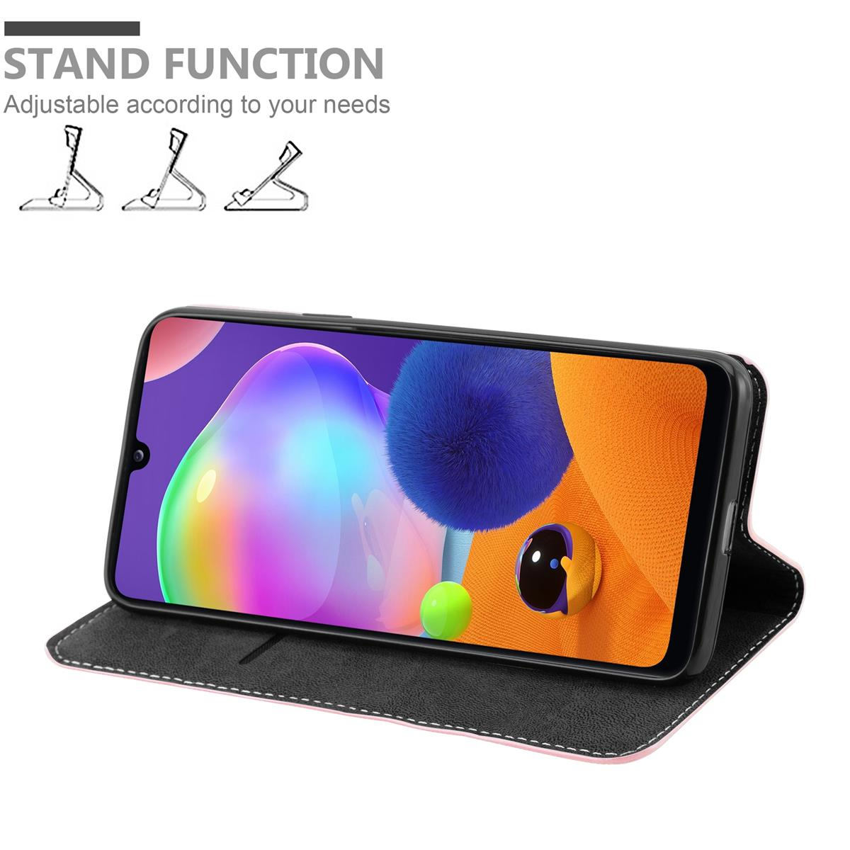 Telefon in rosa Hülle mit Standfunktion. Bildschirm zeigt orange Szene.