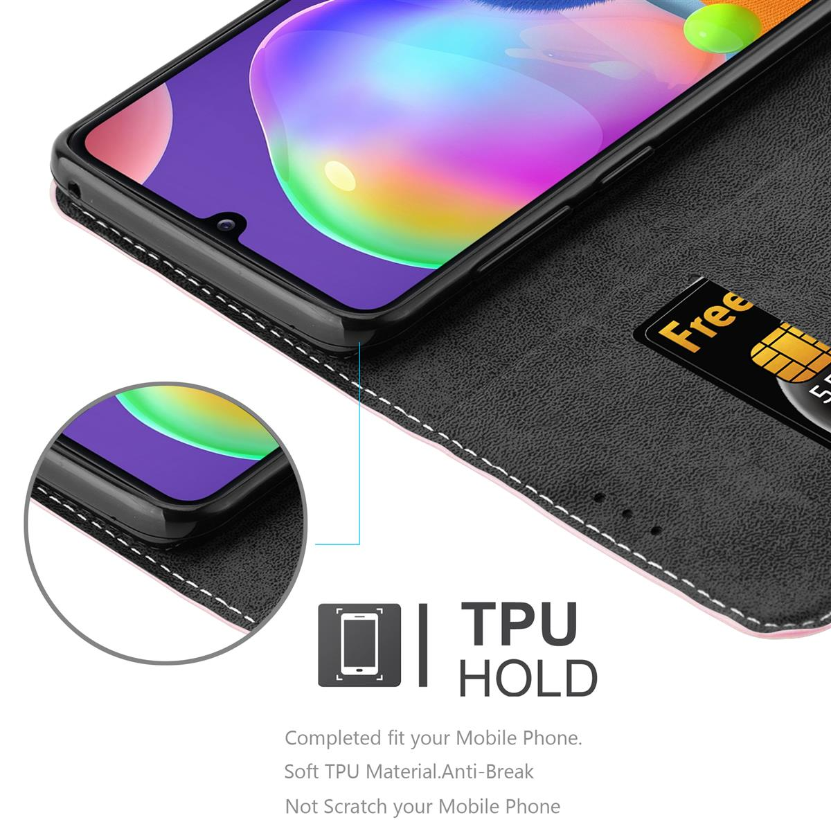 Telefon in schwarz-rosa Hülle mit Karte, TPU-Halterung zeigend.