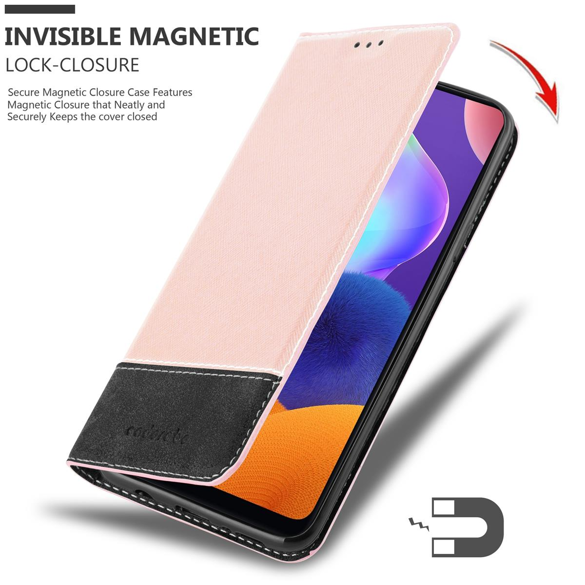 Rosafarbene Handyhülle offen, zeigt Telefon und Magnet, betont unsichtbare Magnetverschlussfunktionen.