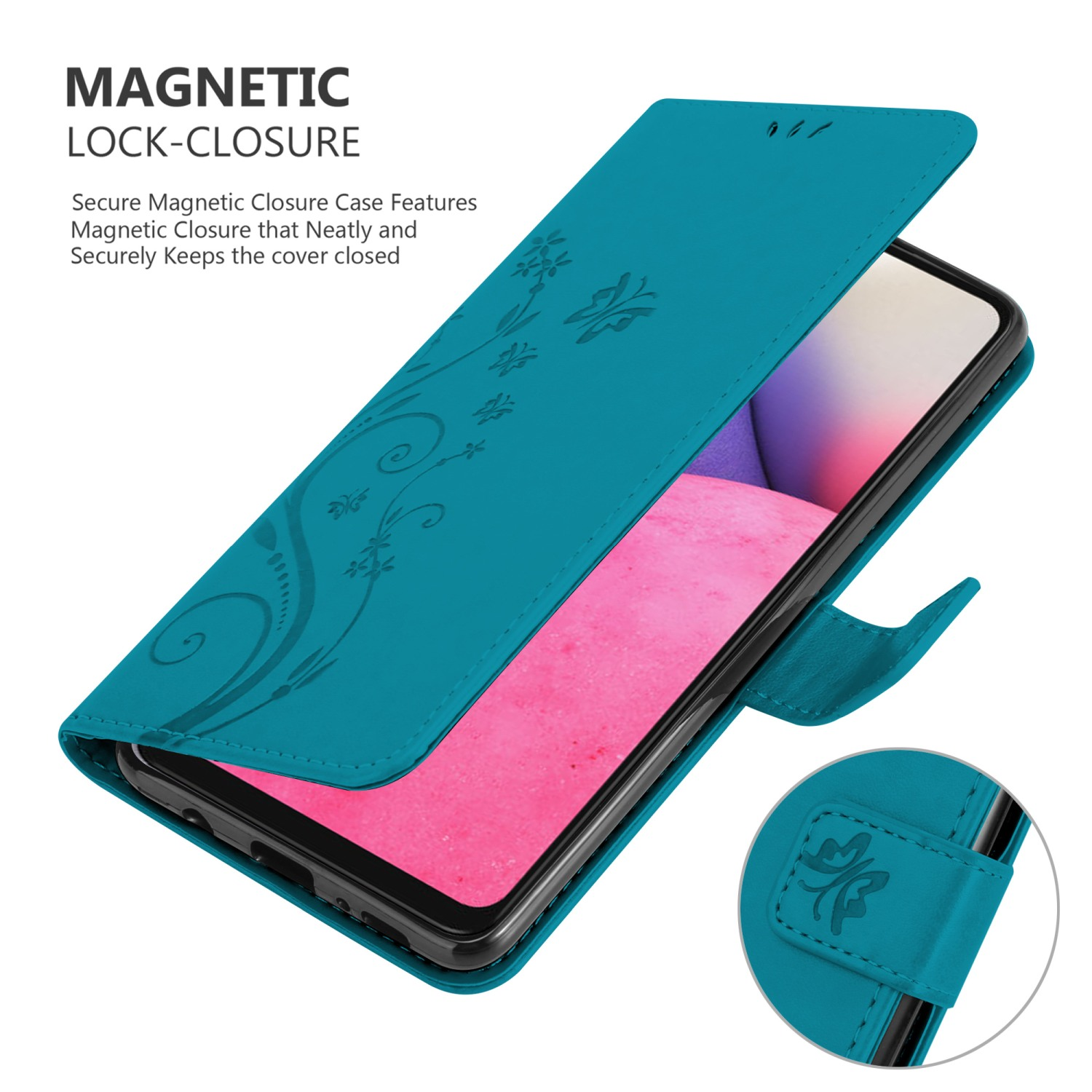 Custodia turchese aperta, che mostra lo schermo del telefono. Design floreale, chiusura magnetica.