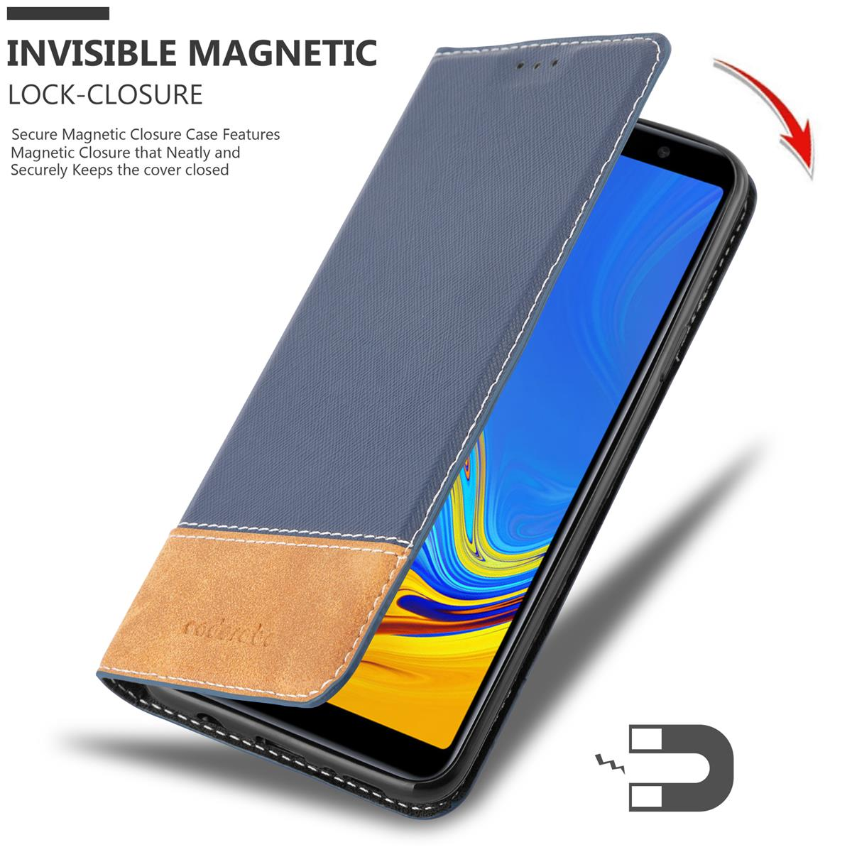 Una custodia a portafoglio nera, aperta, con una carta e un telefono visibili.
