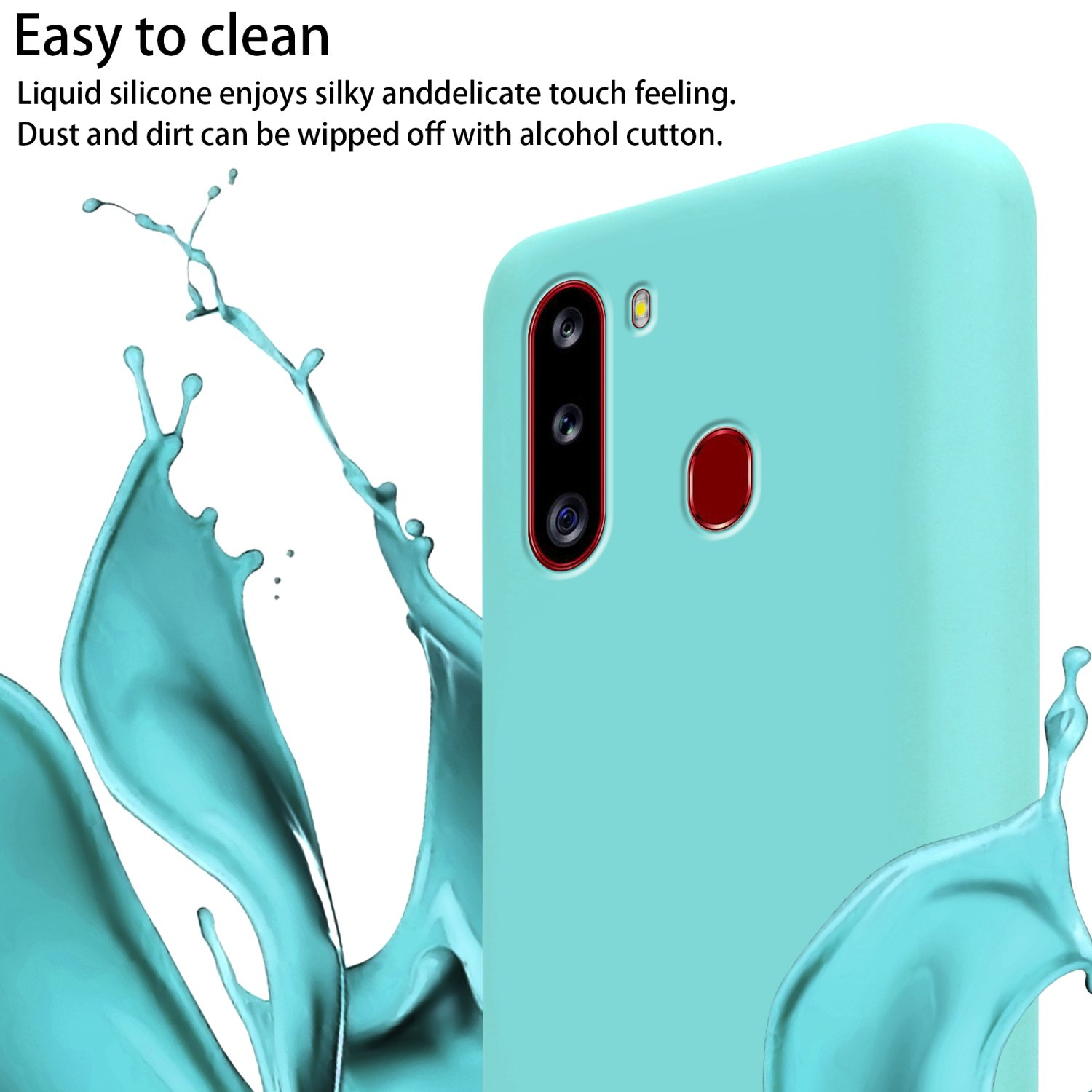 Primo piano di una custodia per telefono verde acqua con tripla fotocamera. Effetto splash d'acqua intorno al telefono.