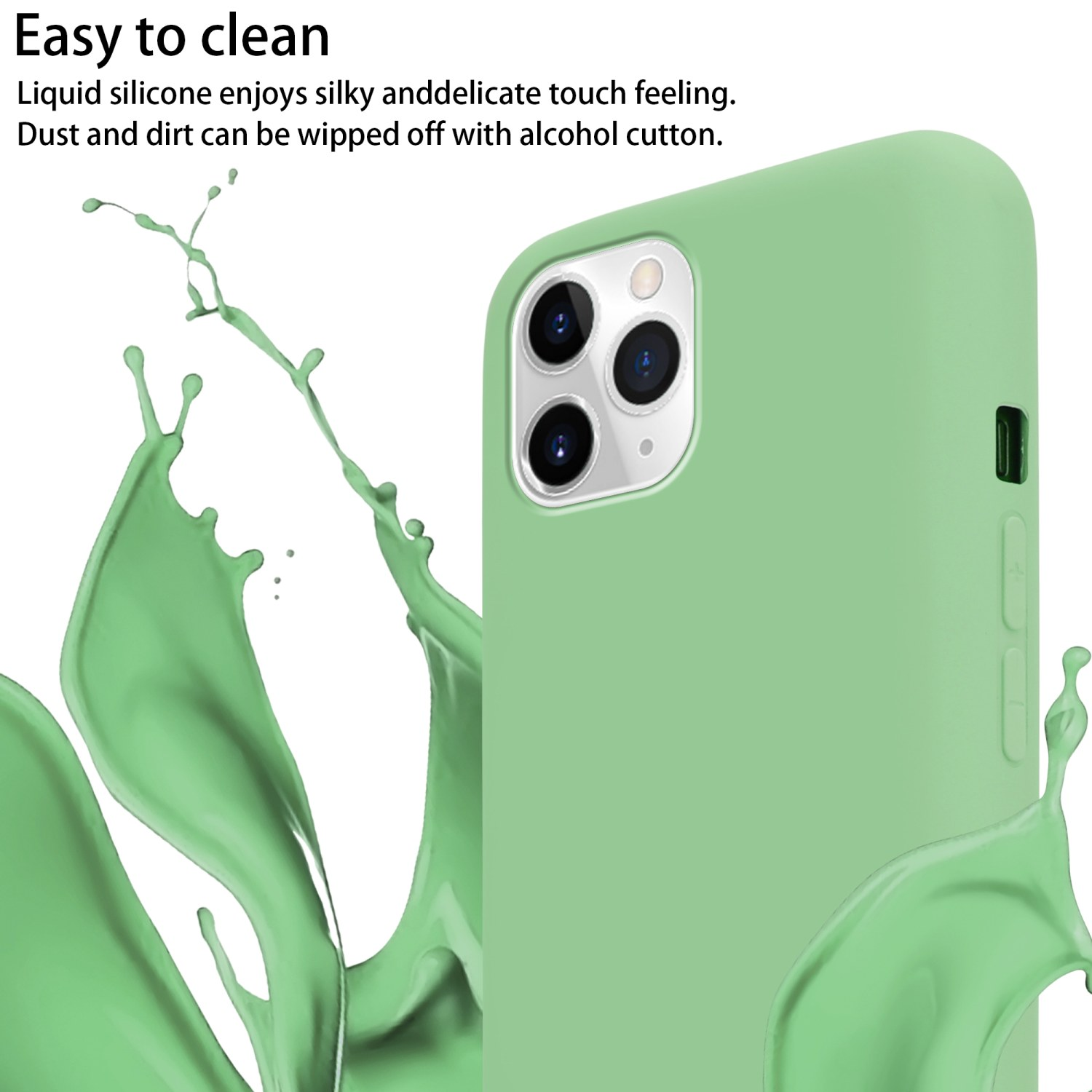 Custodia verde per telefono con ritagli per fotocamera. Liquido verde che schizza.
