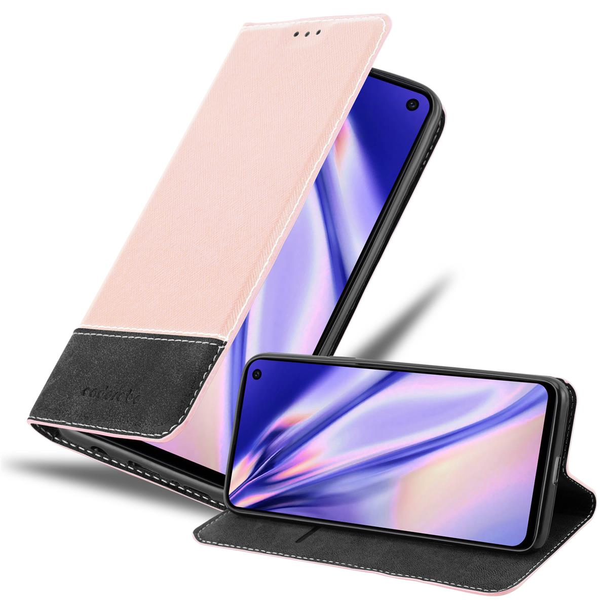 Custodia per telefono rosa con interno nero, parzialmente aperta, che mostra un telefono.