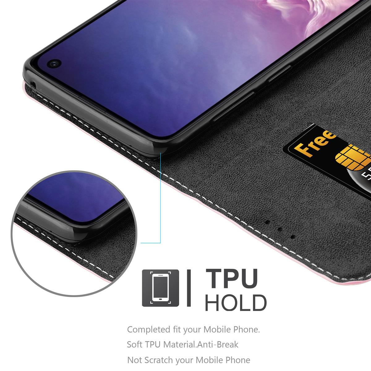 Custodia per telefono con fessura per carte. Testo: TPU Hold. Una carta è nello slot. Il telefono è nella custodia.