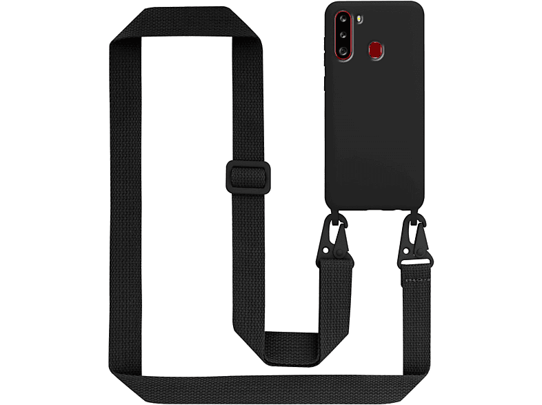 CADORABO Handy Kette Silikon Schutzhülle mit längen verstellbaren Kordel Band, Backcover, Samsung, Galaxy A21, LIQUID SCHWARZ