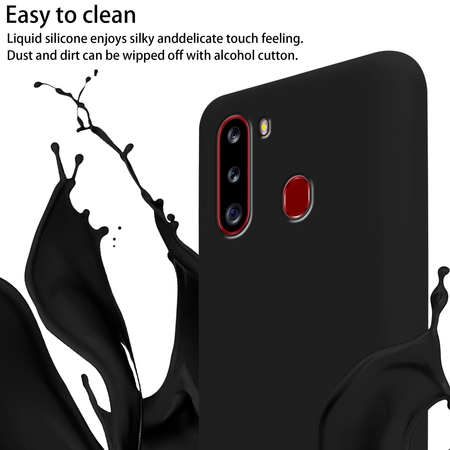 Custodia nera per telefono con effetto splash liquido, che enfatizza la fotocamera e il cerchio rosso.