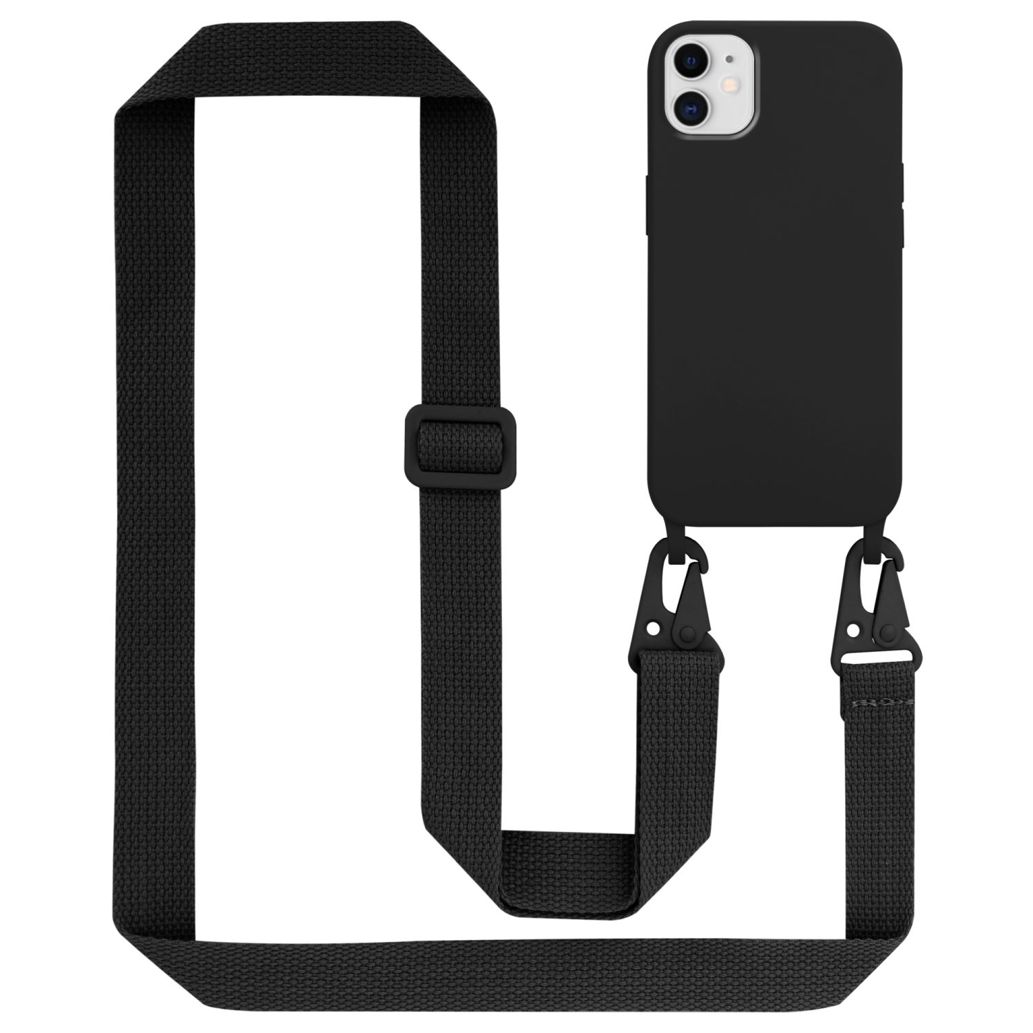 Schwarze Handyhülle mit Riemen und Haken. Handyhülle auf weißem Hintergrund.