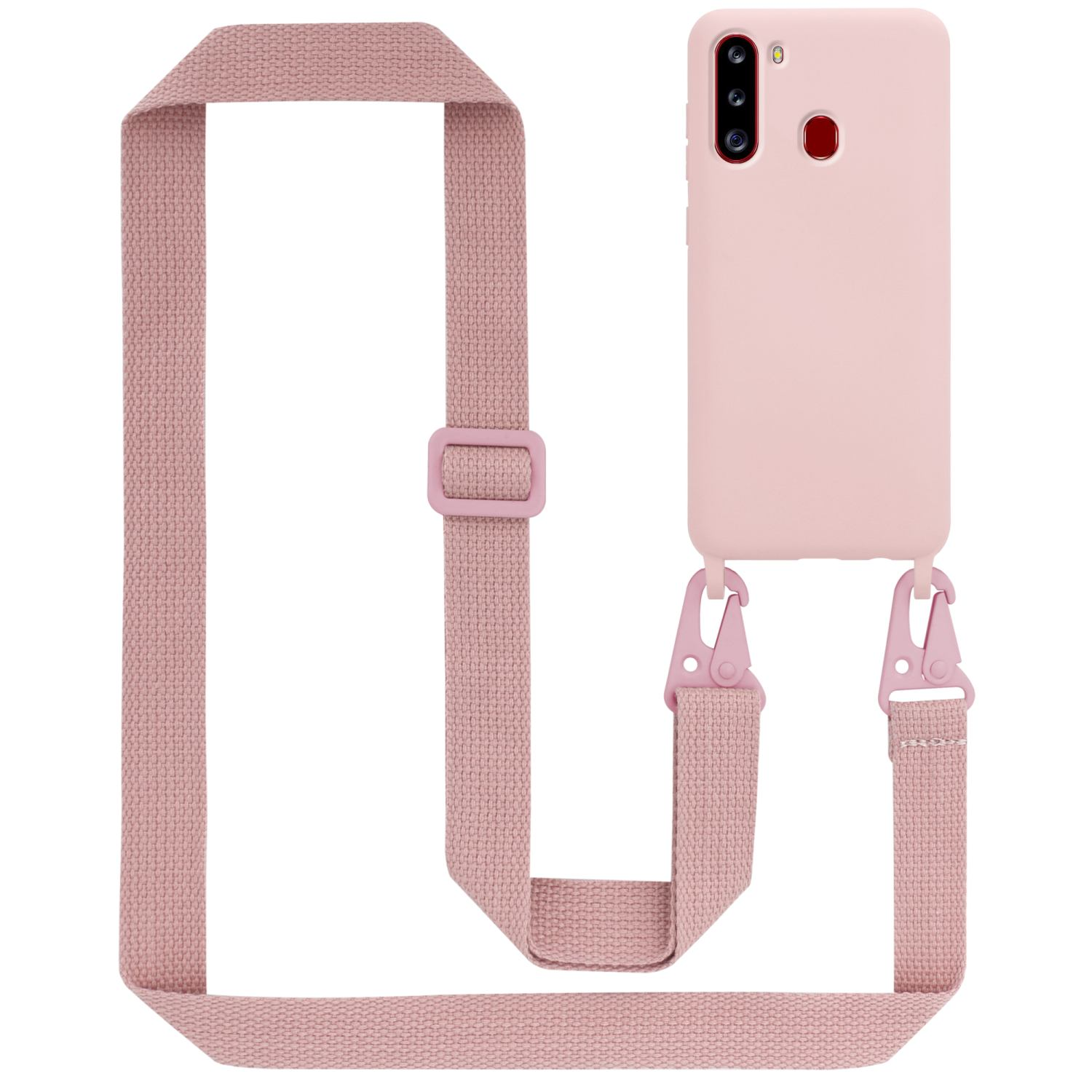 Custodia rosa con cinturino. Cinturino rosa. Sfondo bianco.