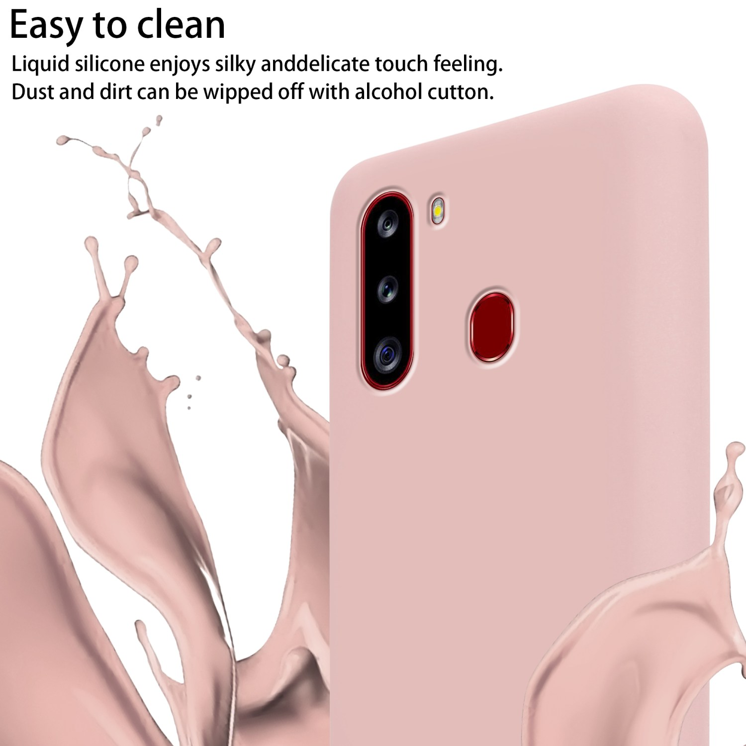 Custodia rosa per telefono con tripla fotocamera e sensore di impronte digitali. Dice 'Easy to clean'.