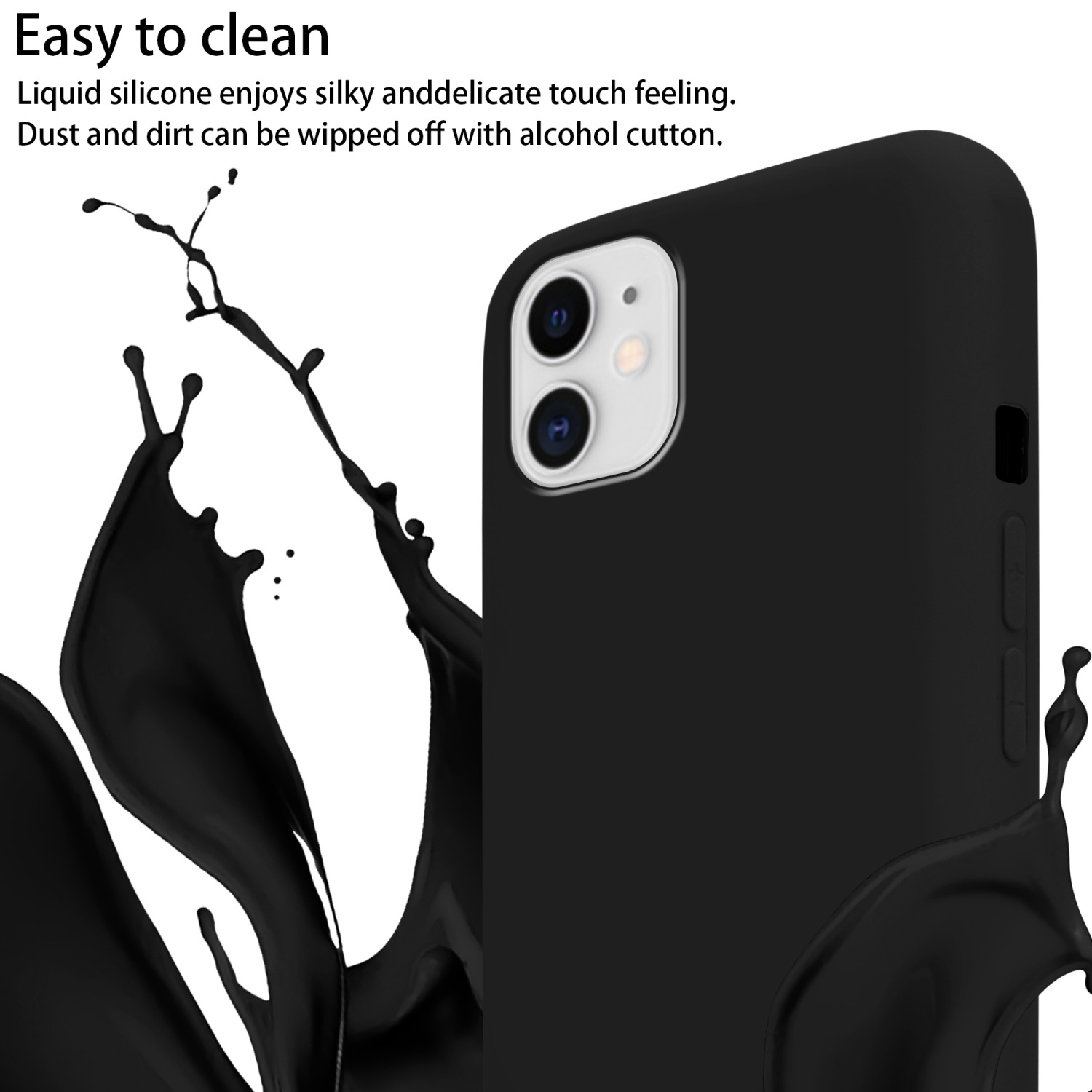 Eine schwarze Handyhülle wird gezeigt. Es hat eine Flüssigsilikonoberfläche und ist leicht zu reinigen, mit Tinte an der Seite.