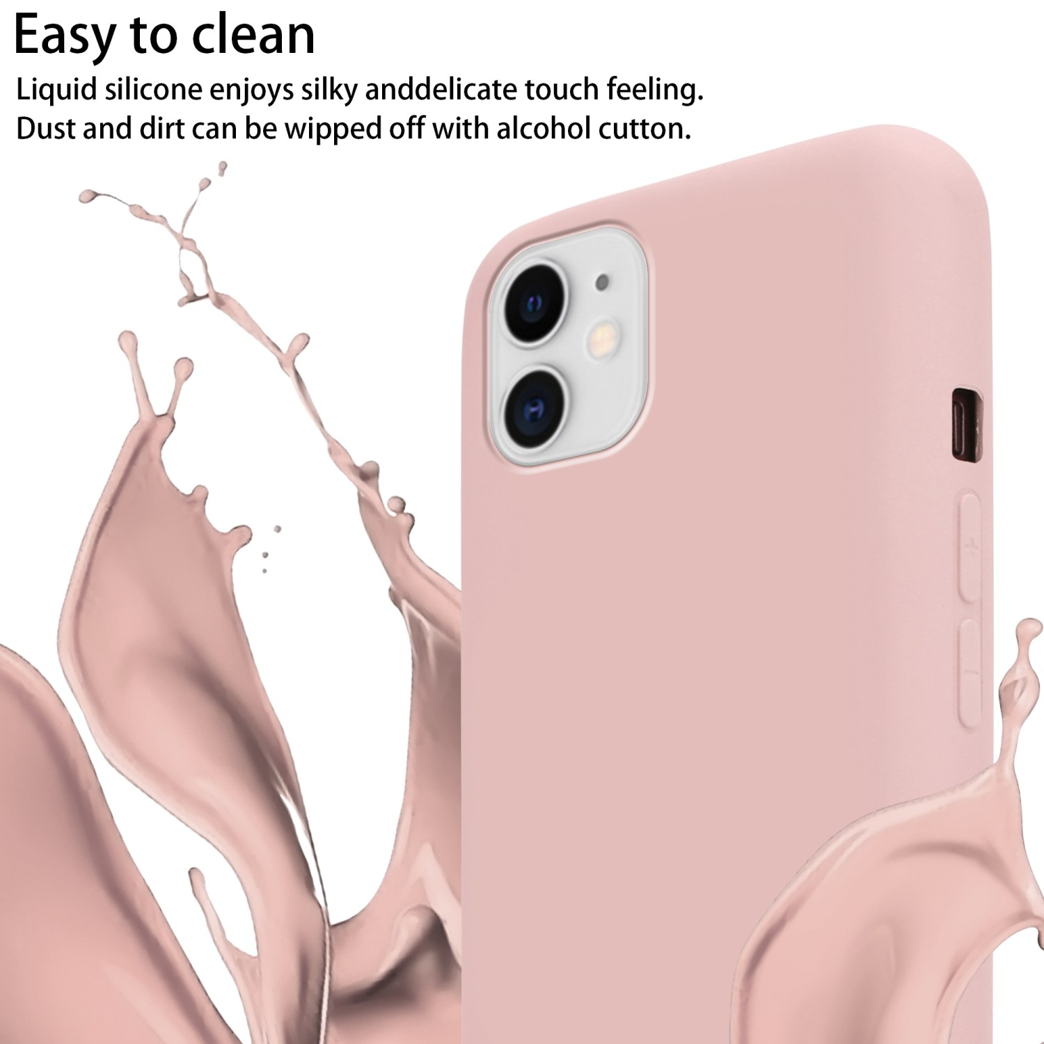 Telefono rosa con schizzo di liquido rosa, che mostra la custodia in silicone facile da pulire.