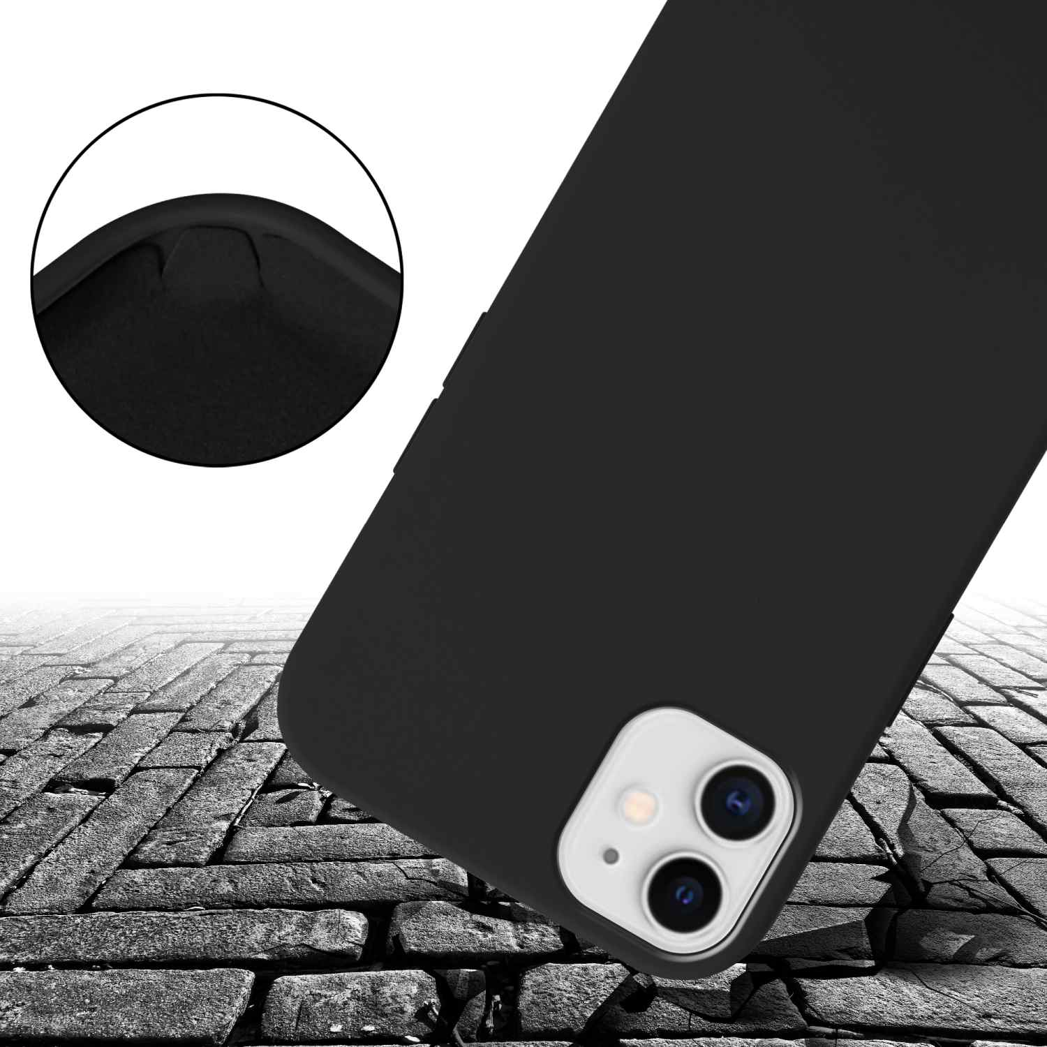 Schwarze Handyhülle mit Rissen darunter. Das Telefon ist gefallen.