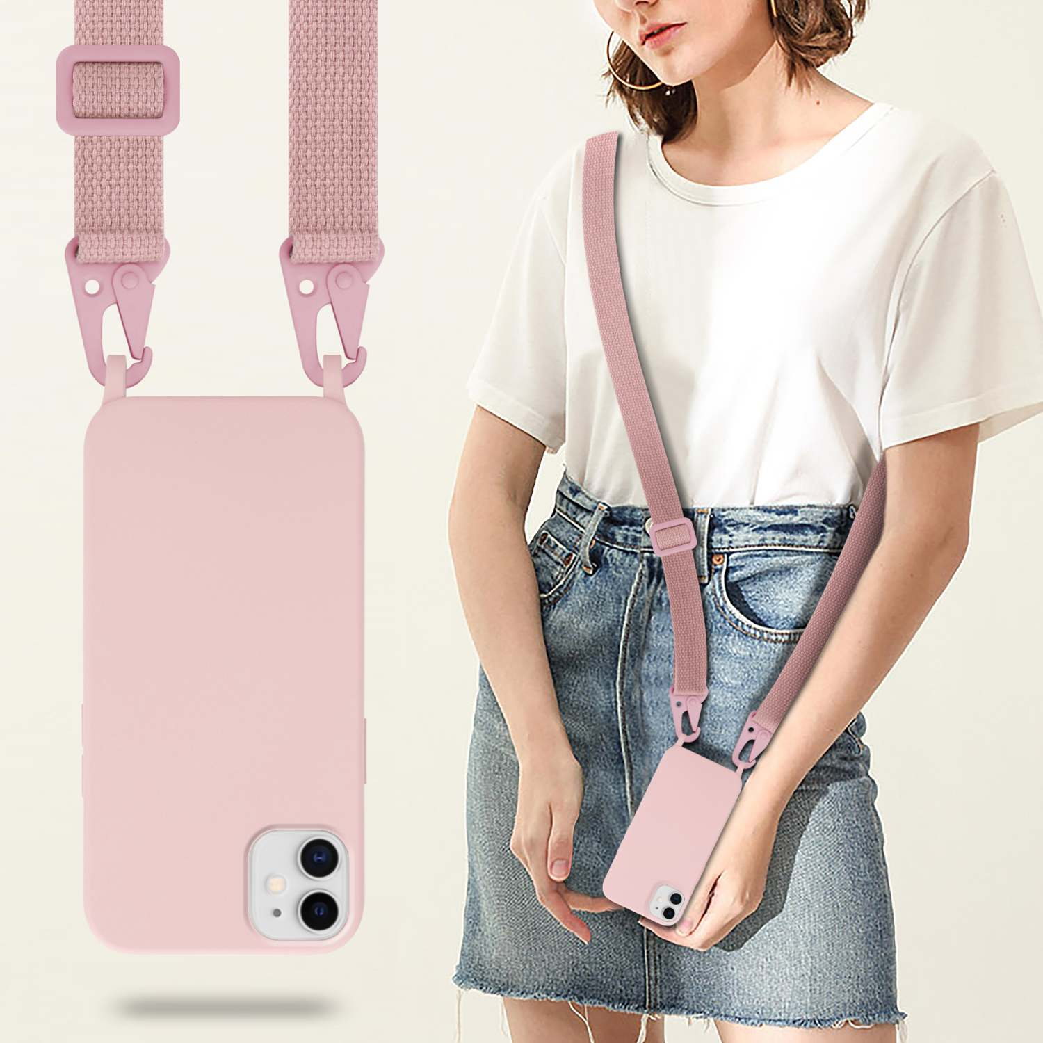 Una donna che indossa una custodia per telefono rosa con un cinturino, la custodia è attaccata a un cinturino rosa.
