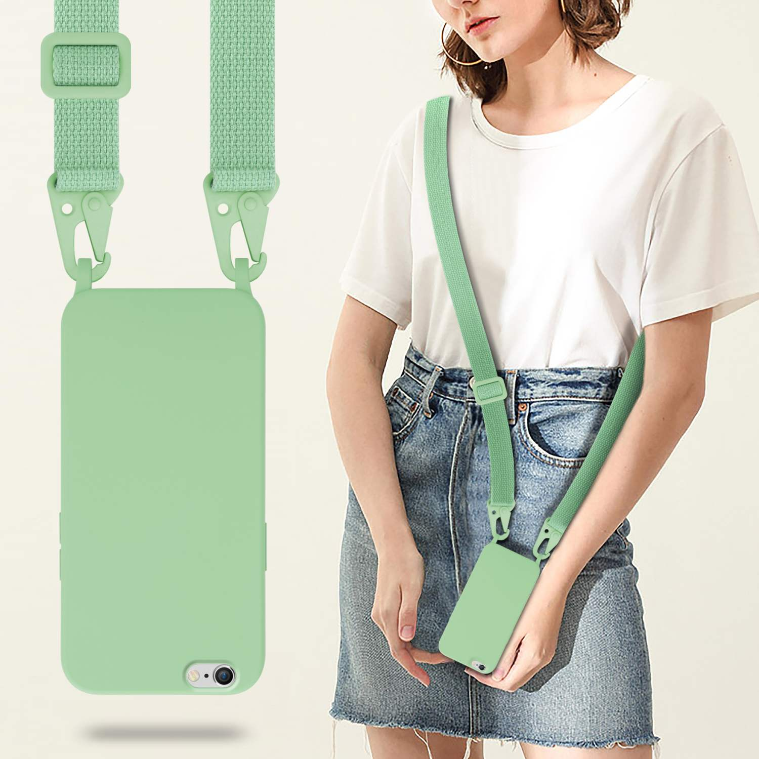 Donna con custodia verde per telefono con cinturino. La custodia è dello stesso colore verde.