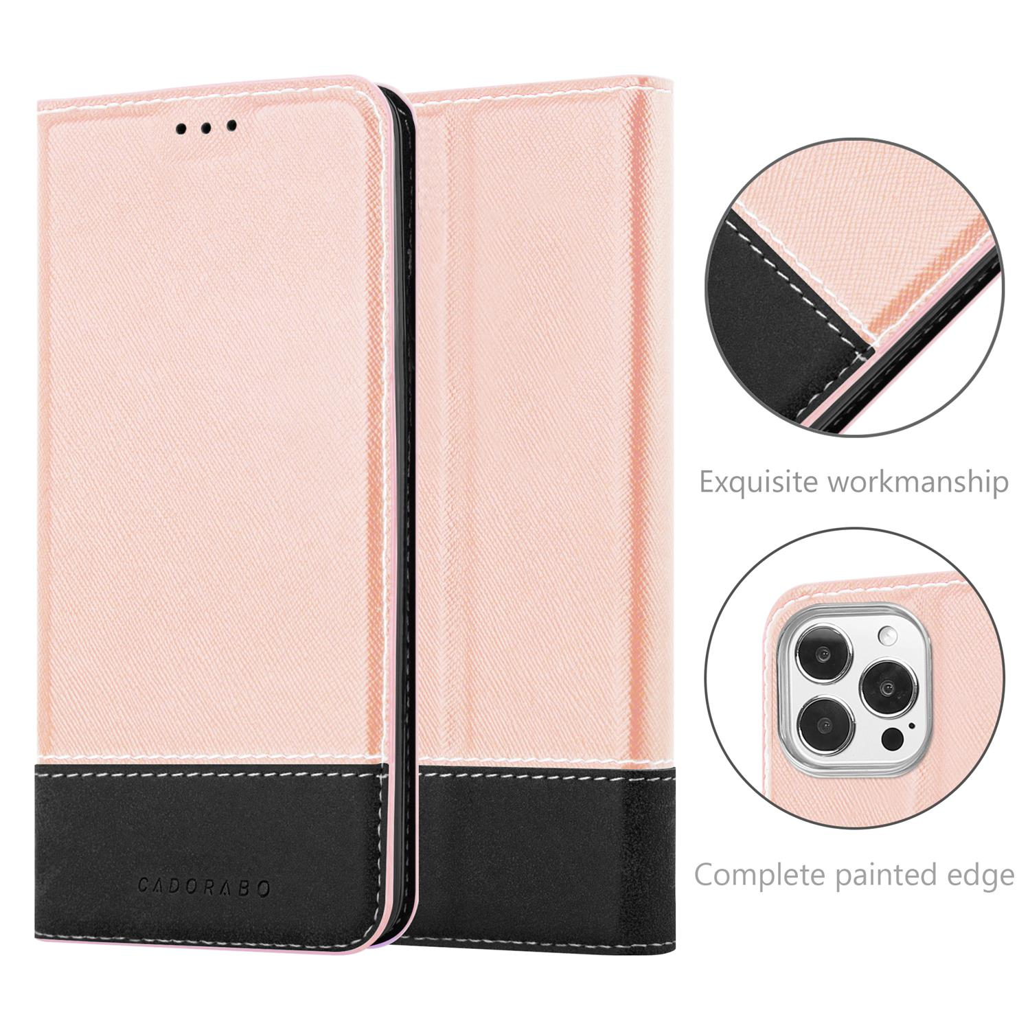 Custodia per telefono rosa e nera, aperta. Vengono mostrati i dettagli delle cuciture e della fotocamera del telefono.