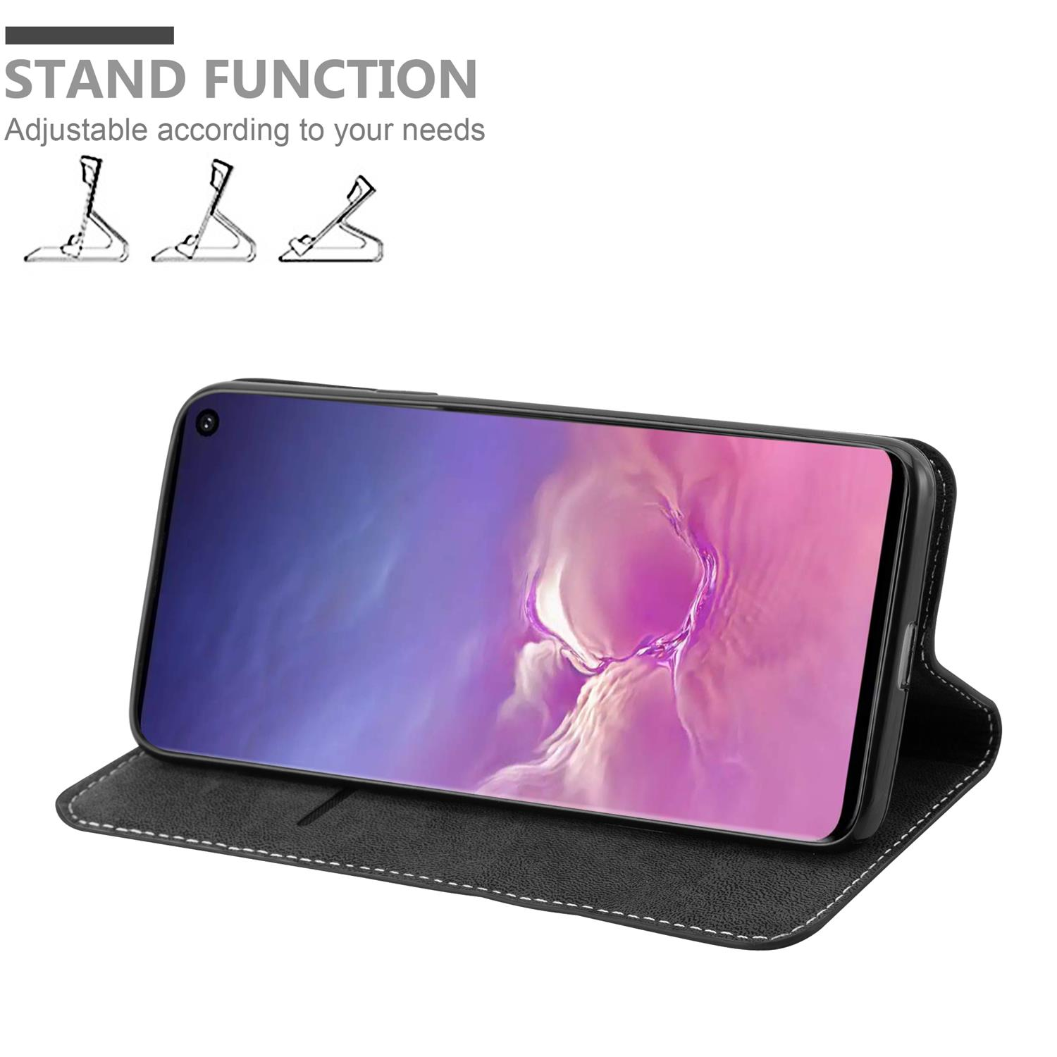 Telefono nero in una custodia in bianco e nero, aperto, su sfondo bianco. Funzione supporto.